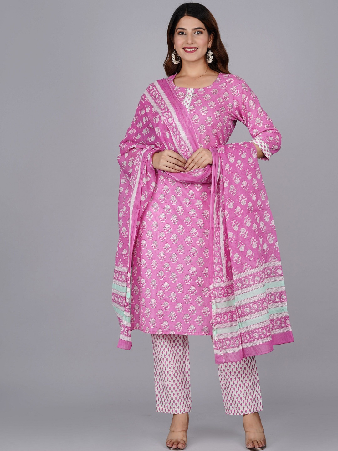 

Mishree Collection Ethnic Motif Printed Pure Cotton Straight Kurta With Trousers & Dupatta, Pink