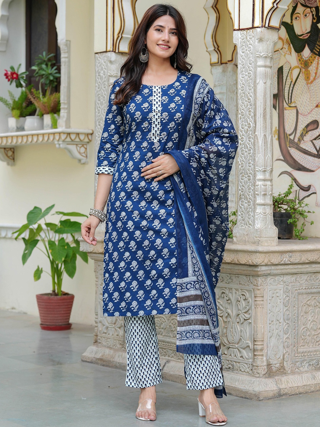 

Mishree Collection Floral Printed Pure Cotton Straight Kurta With Trouser & Dupatta, Blue