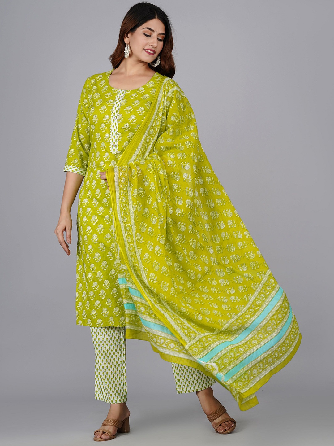 

Mishree Collection Floral Printed Pure Cotton Straight Kurta With Trouser And Dupatta, Green