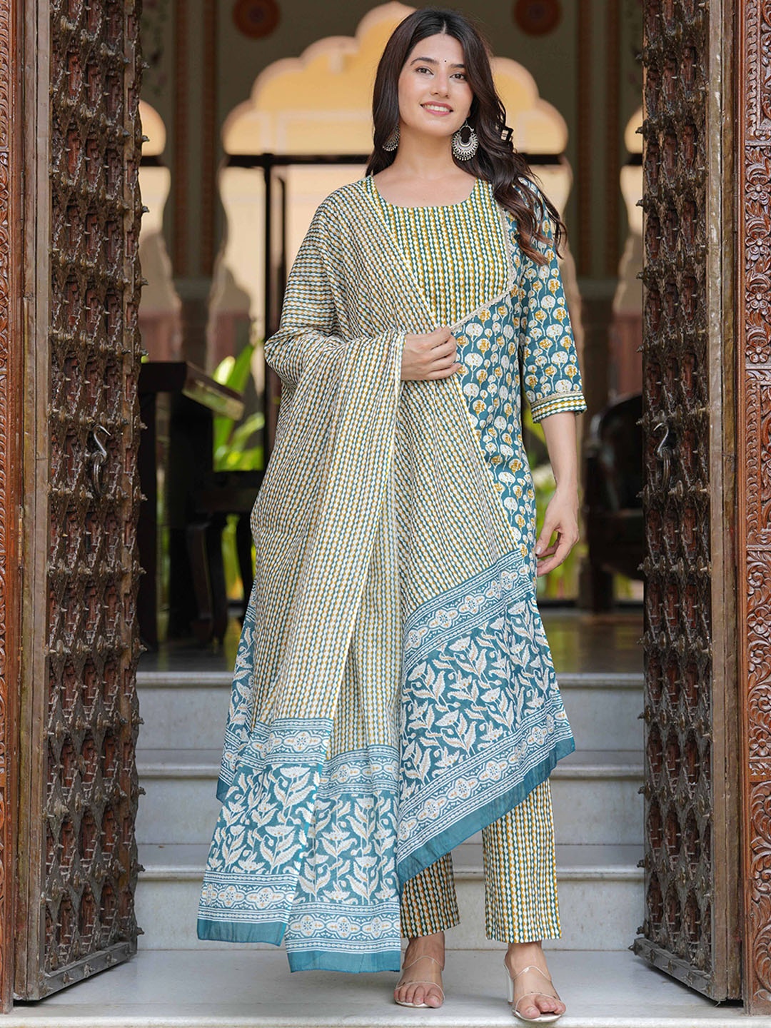 

Mishree Collection Quirky Printed Pure Cotton Straight Kurta With Trouser And Dupatta, Green