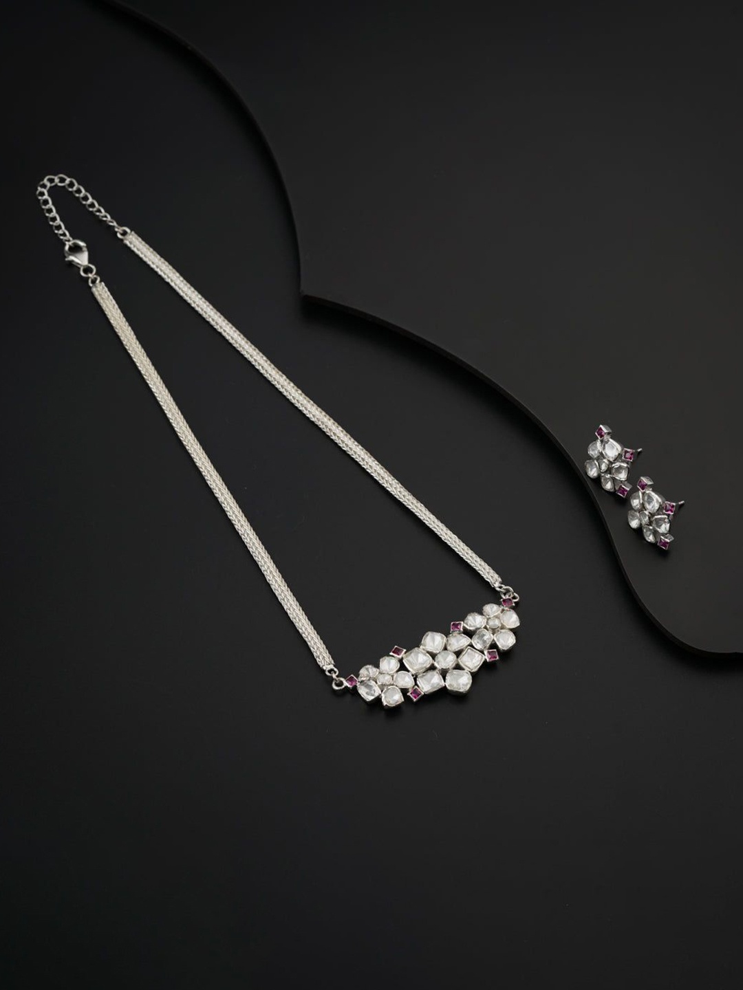 

House of Aadyaa 92.5 Silver Stone Studded Necklace and Earrings