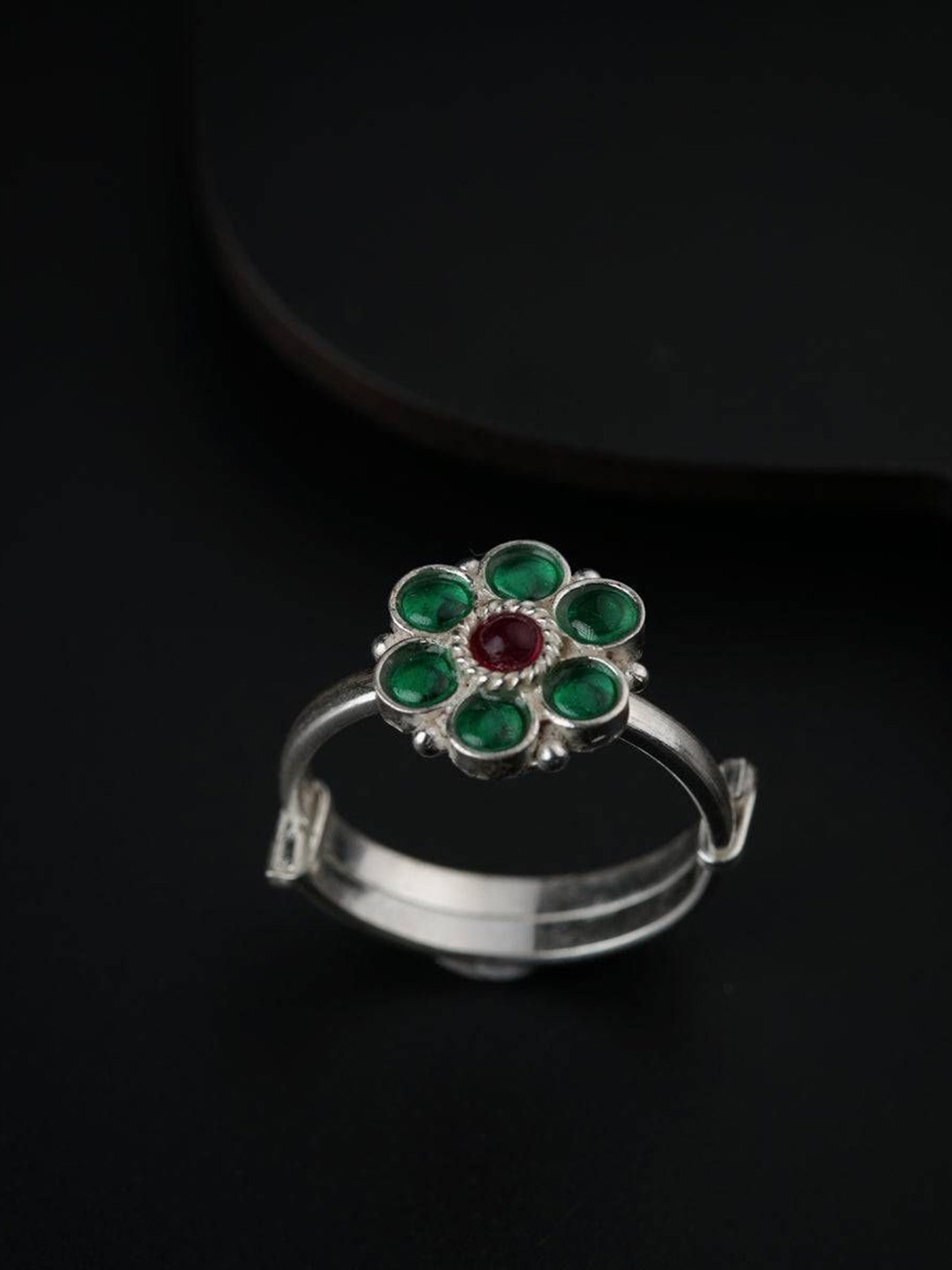 

House of Aadyaa Green Flower Adjustable Finger Ring, Silver