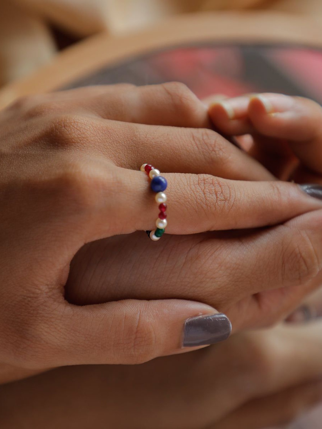 

House of Aadyaa Multicolor Semi Precious Stones Finger Ring, Silver