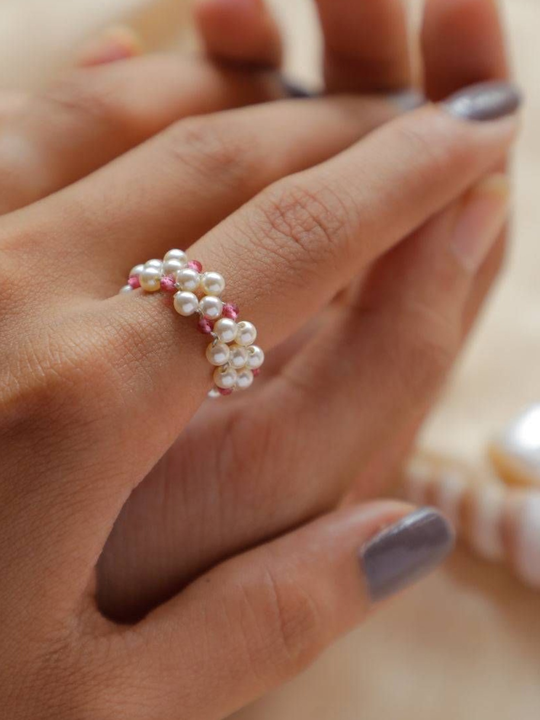 

House of Aadyaa Pearl & Rose Quartz Finger Ring, Silver