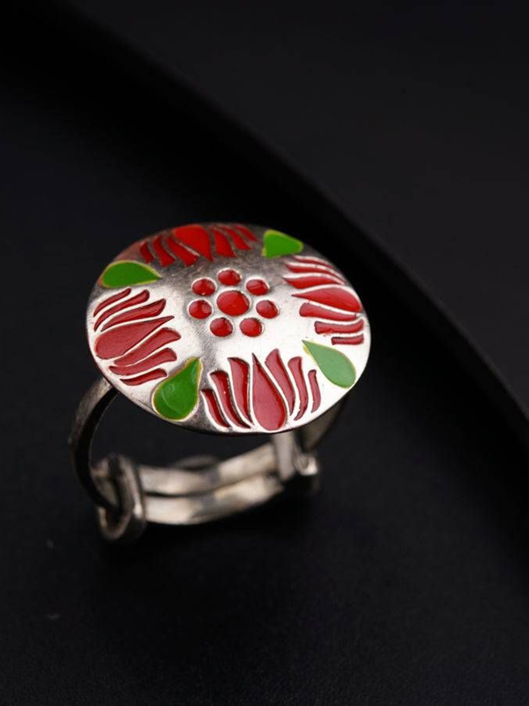 

House of Aadyaa Silver Enamel Ring Lotus - Red Green
