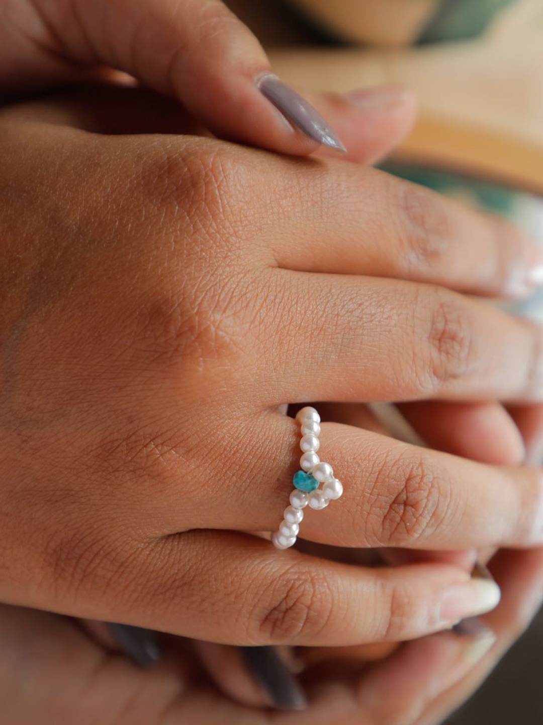 

House of Aadyaa Turquoise & Pearl Beaded Ring, Silver