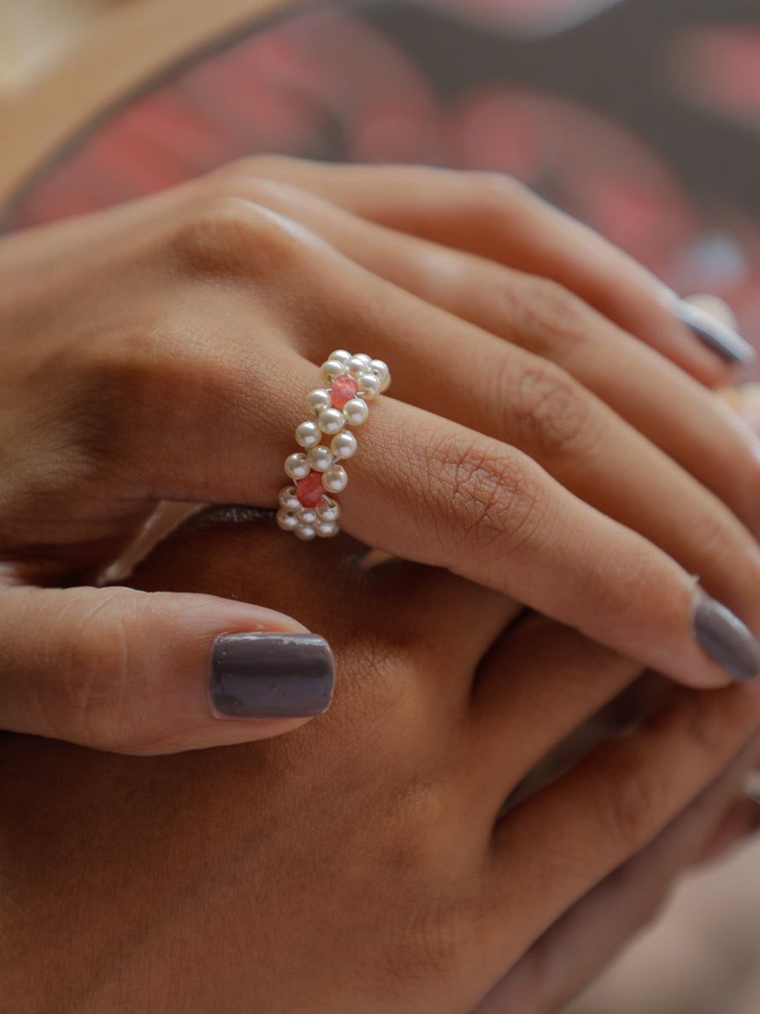 

House of Aadyaa Rose Quartz And Pearls Beaded Ring, Silver
