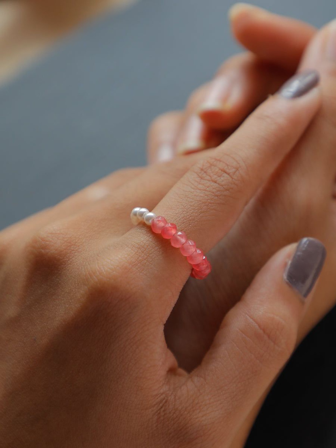 

House of Aadyaa Silver Pearls Finger Ring With Rose Quartz Stones