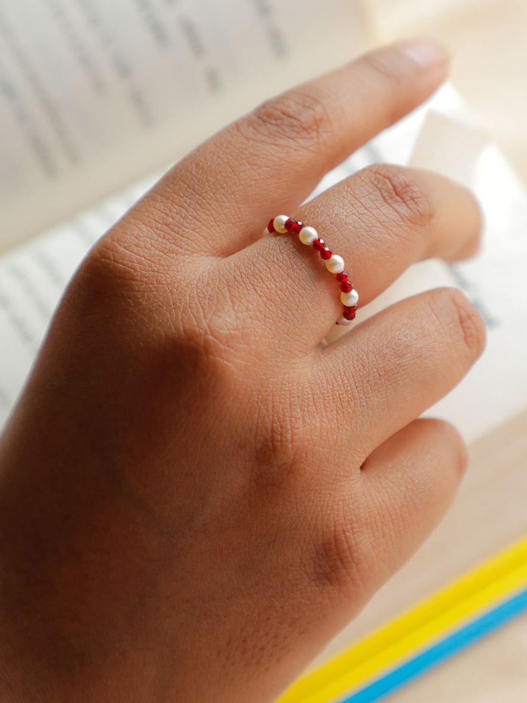 

House of Aadyaa Ruby & Pearl Beaded Ring, Silver
