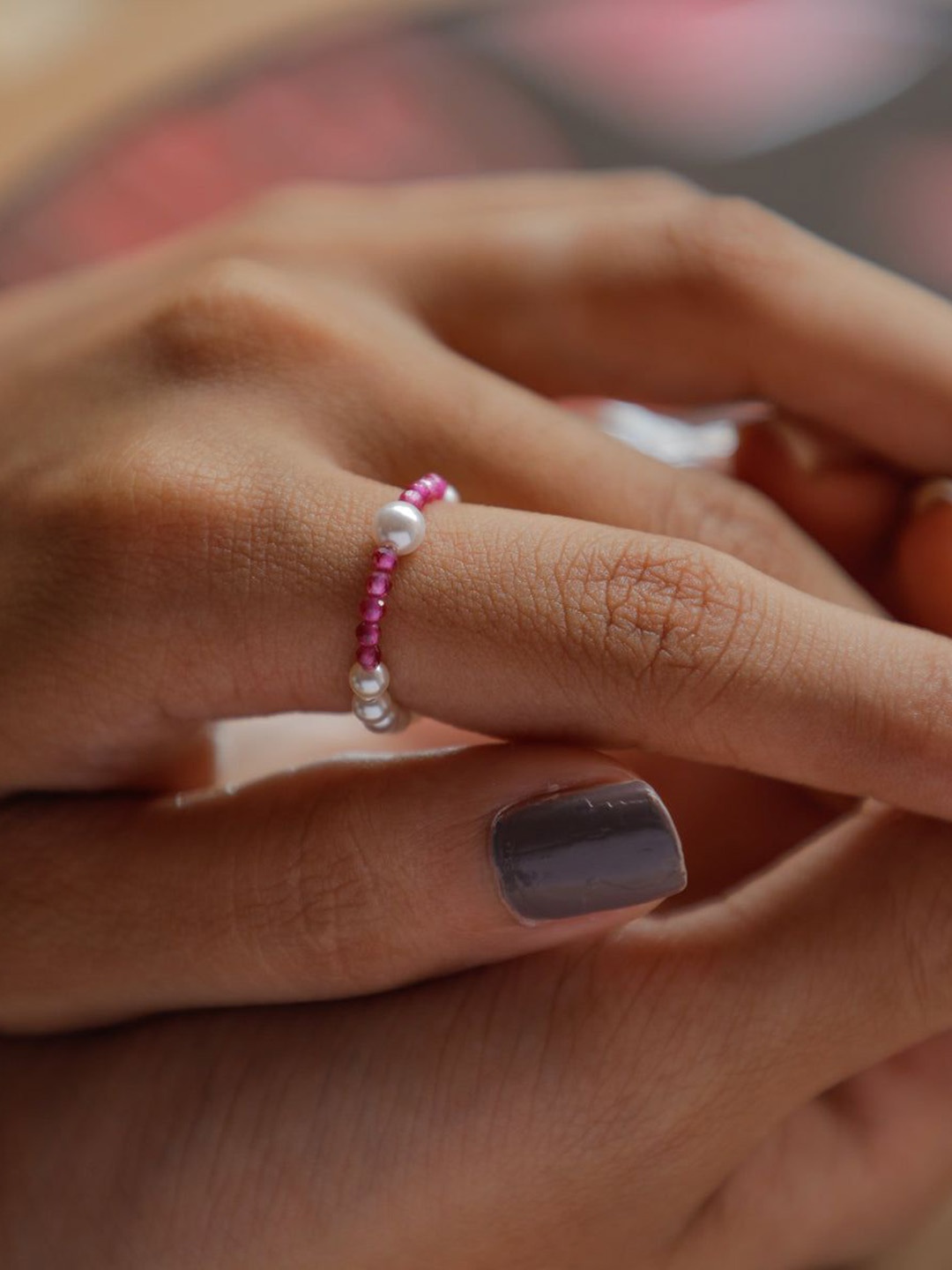 

House of Aadyaa Ruby & Pearls Beaded Ring, Silver