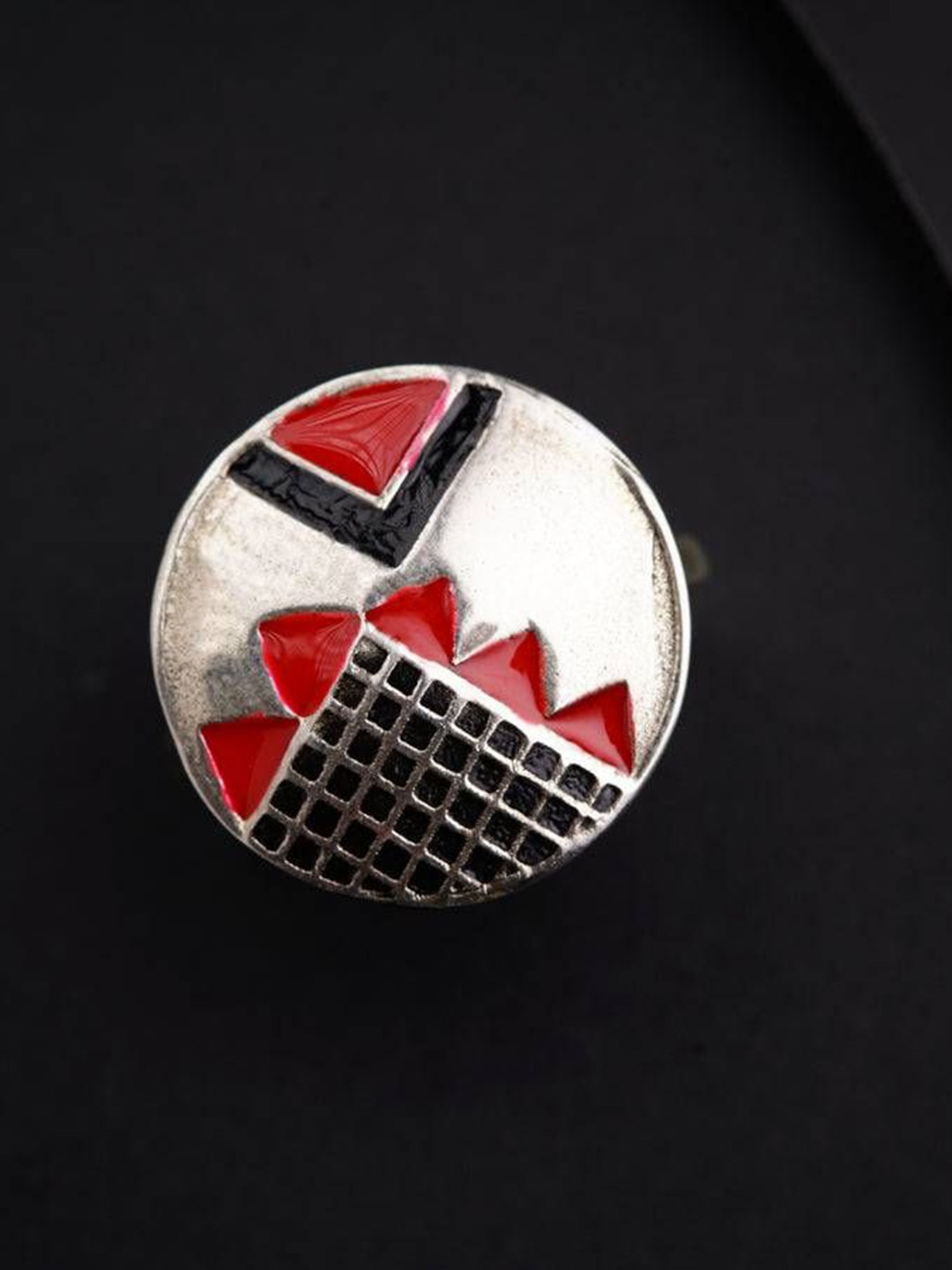 

House of Aadyaa Silver Enamel Ring - Black and Red Finger Ring