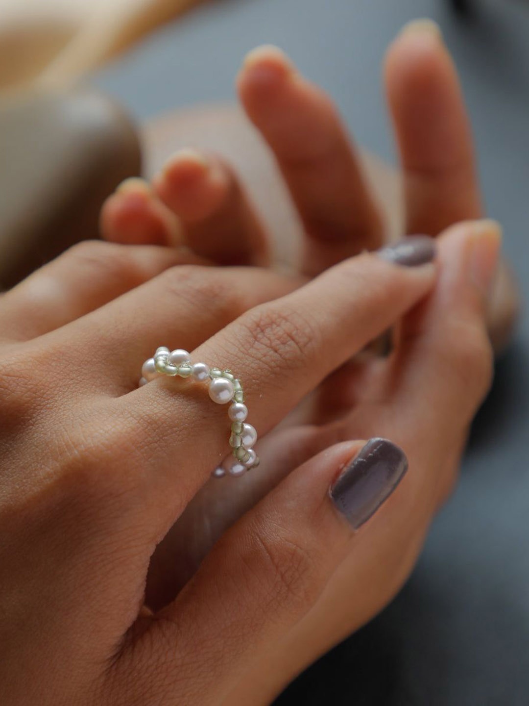 

House of Aadyaa Pearl And Peridot Ring, Silver