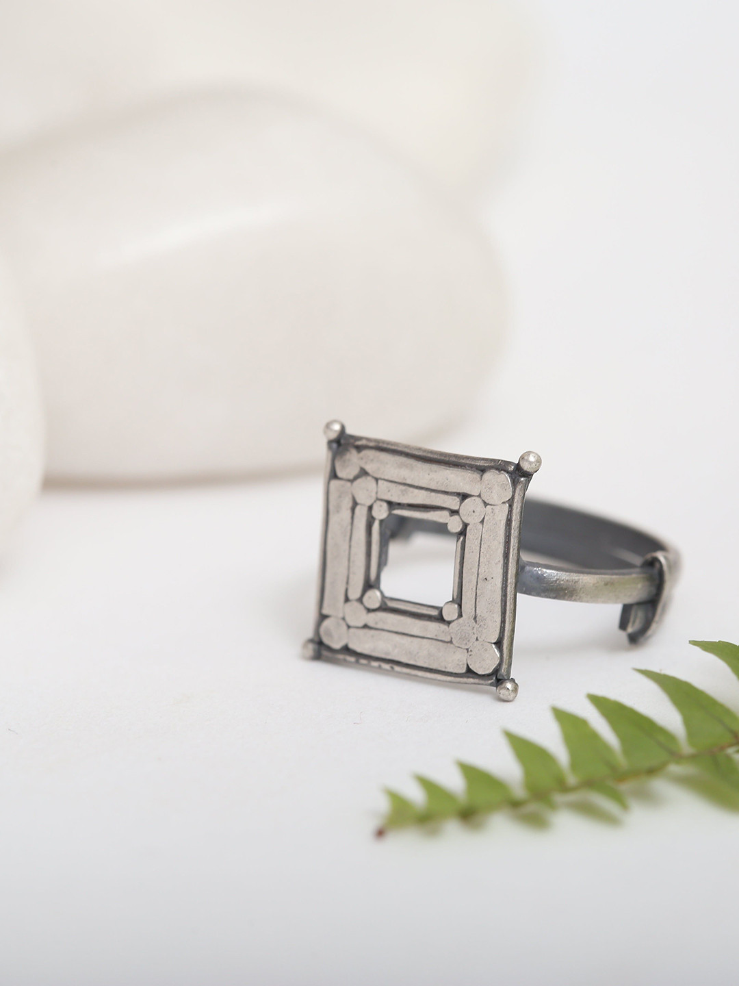 

House of Aadyaa Hammered Silver Square Shaped Ring