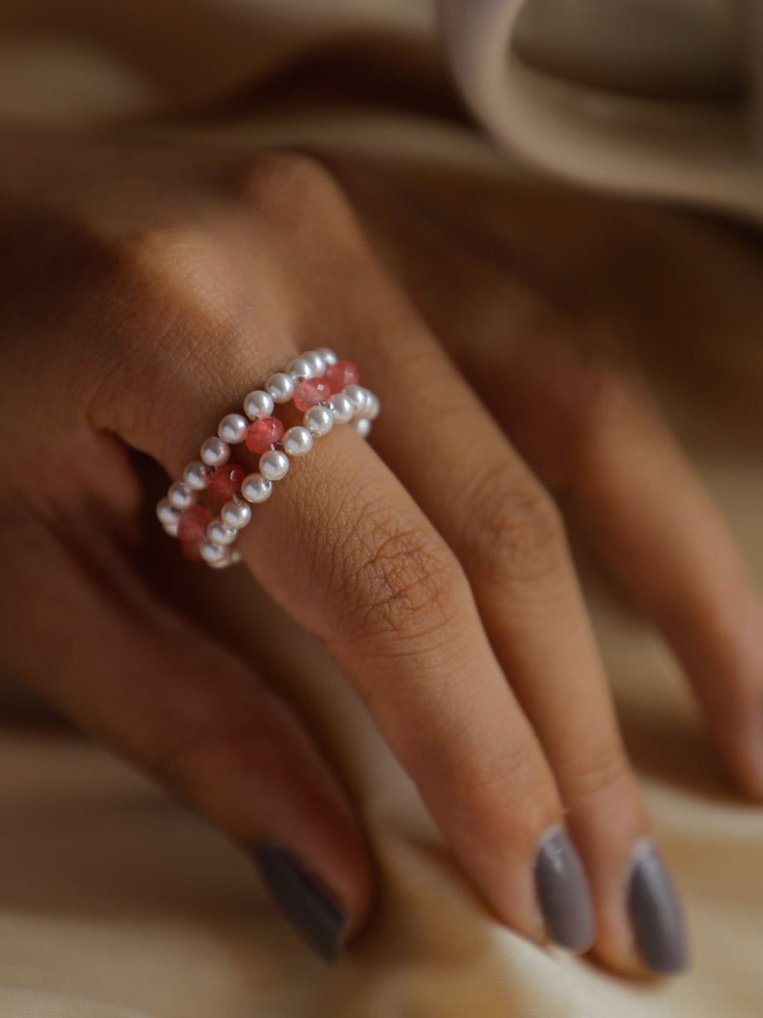 

House of Aadyaa Rose Quartz & Pearls Finger Ring, Silver