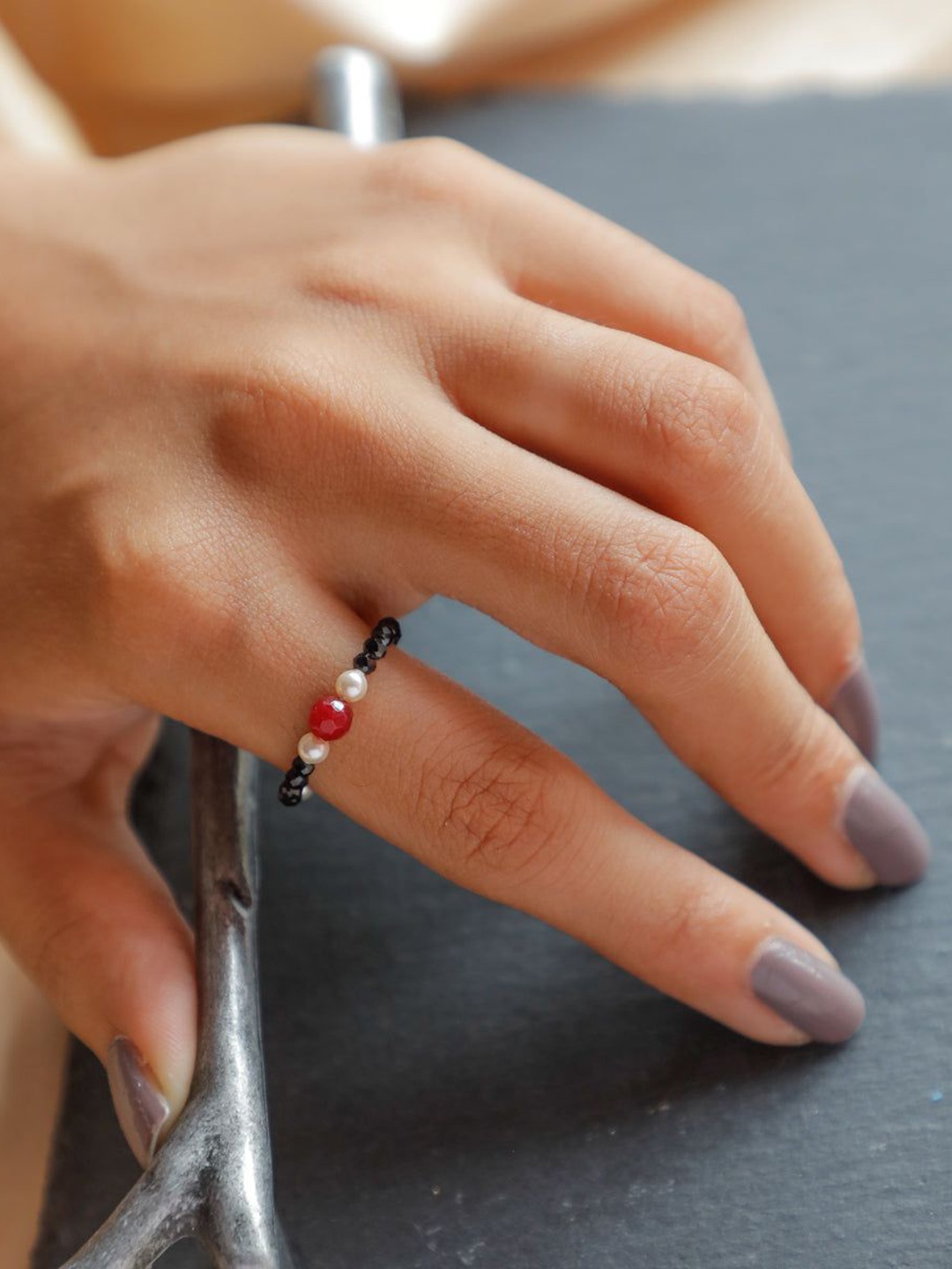 

House of Aadyaa Silver Pearls Ring with Black Spinel and Ruby Stones