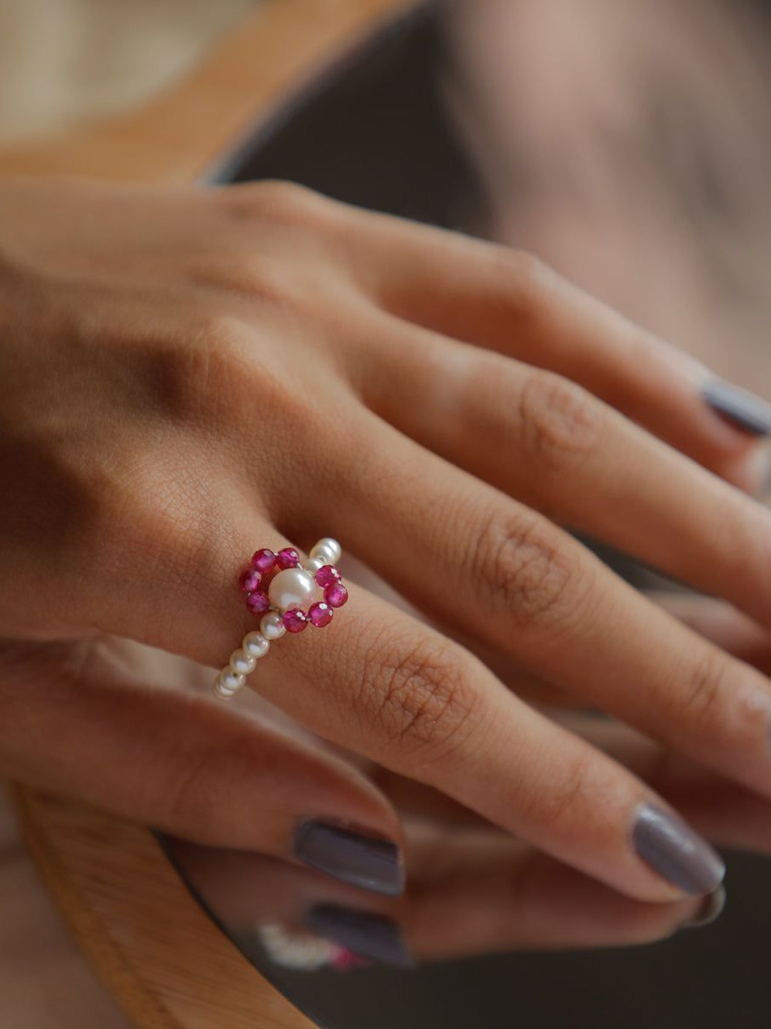 

House of Aadyaa Silver Pearl Beaded Ring With Ruby Stones