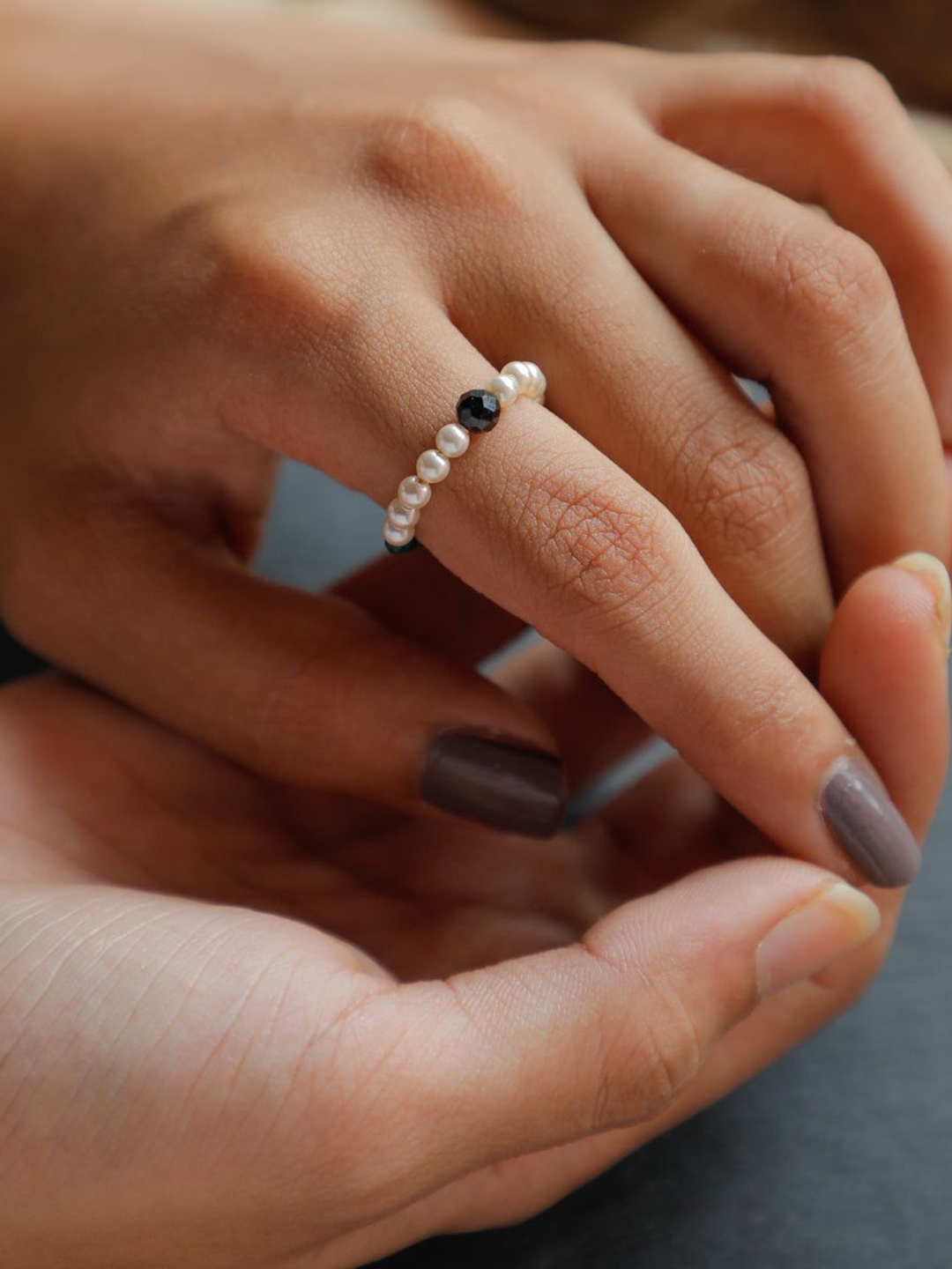 

House of Aadyaa Pearl & Black Spinel Beaded Ring With Green Onyx, Silver