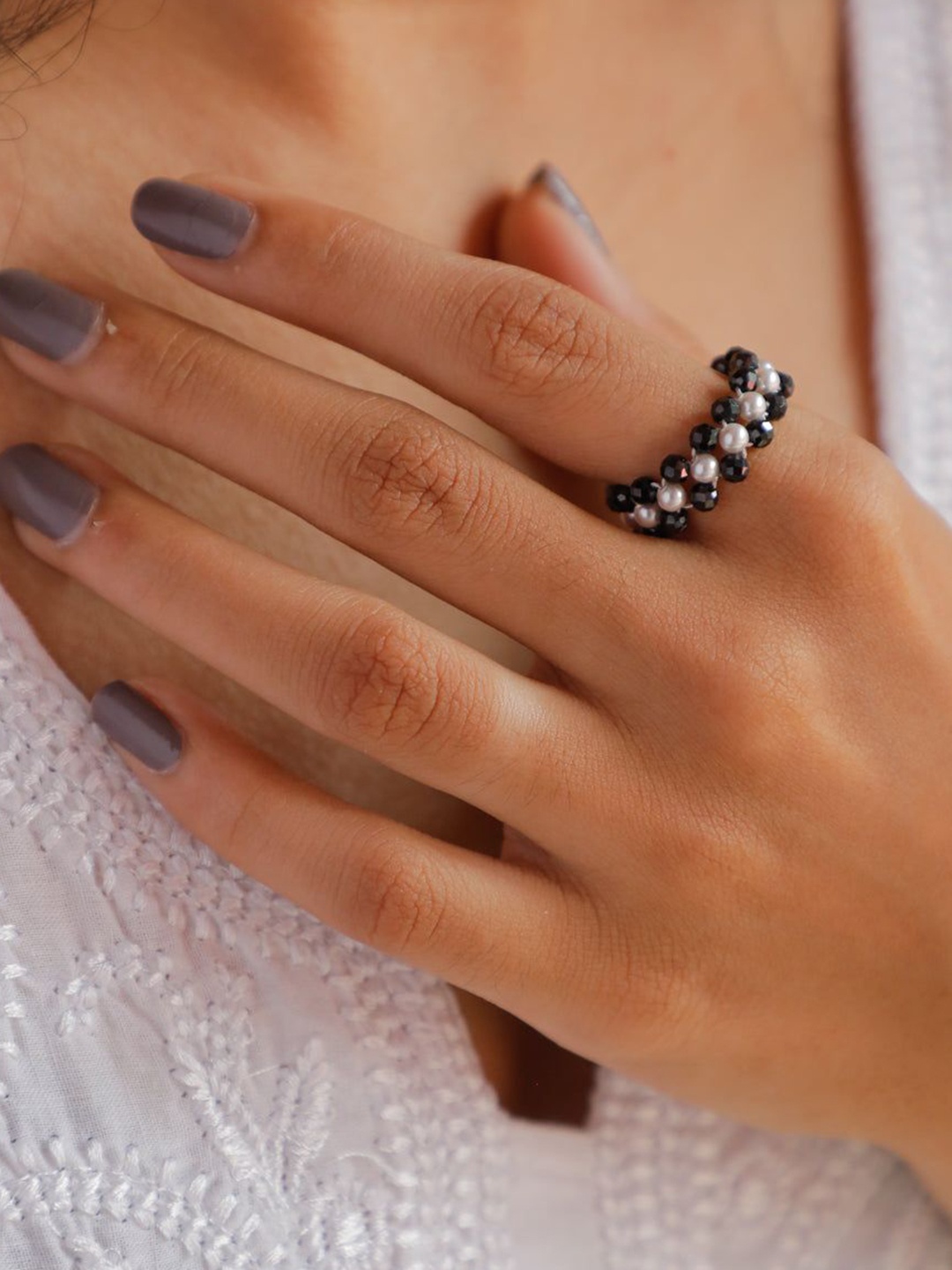 

House of Aadyaa Silver Pearl Finger Ring With Black Spinel