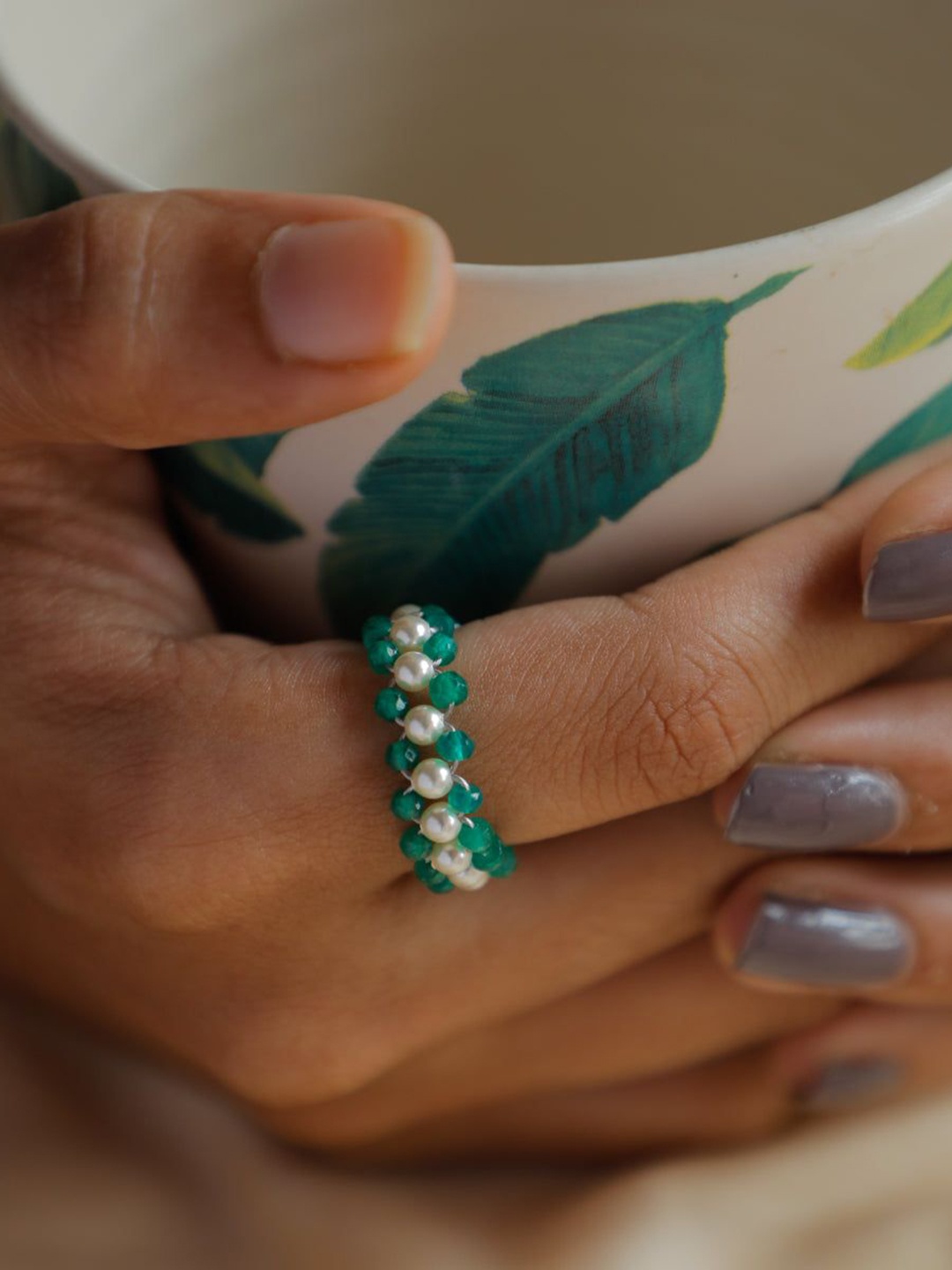 

House of Aadyaa Green Onyx & Pearls Finger Ring, Silver