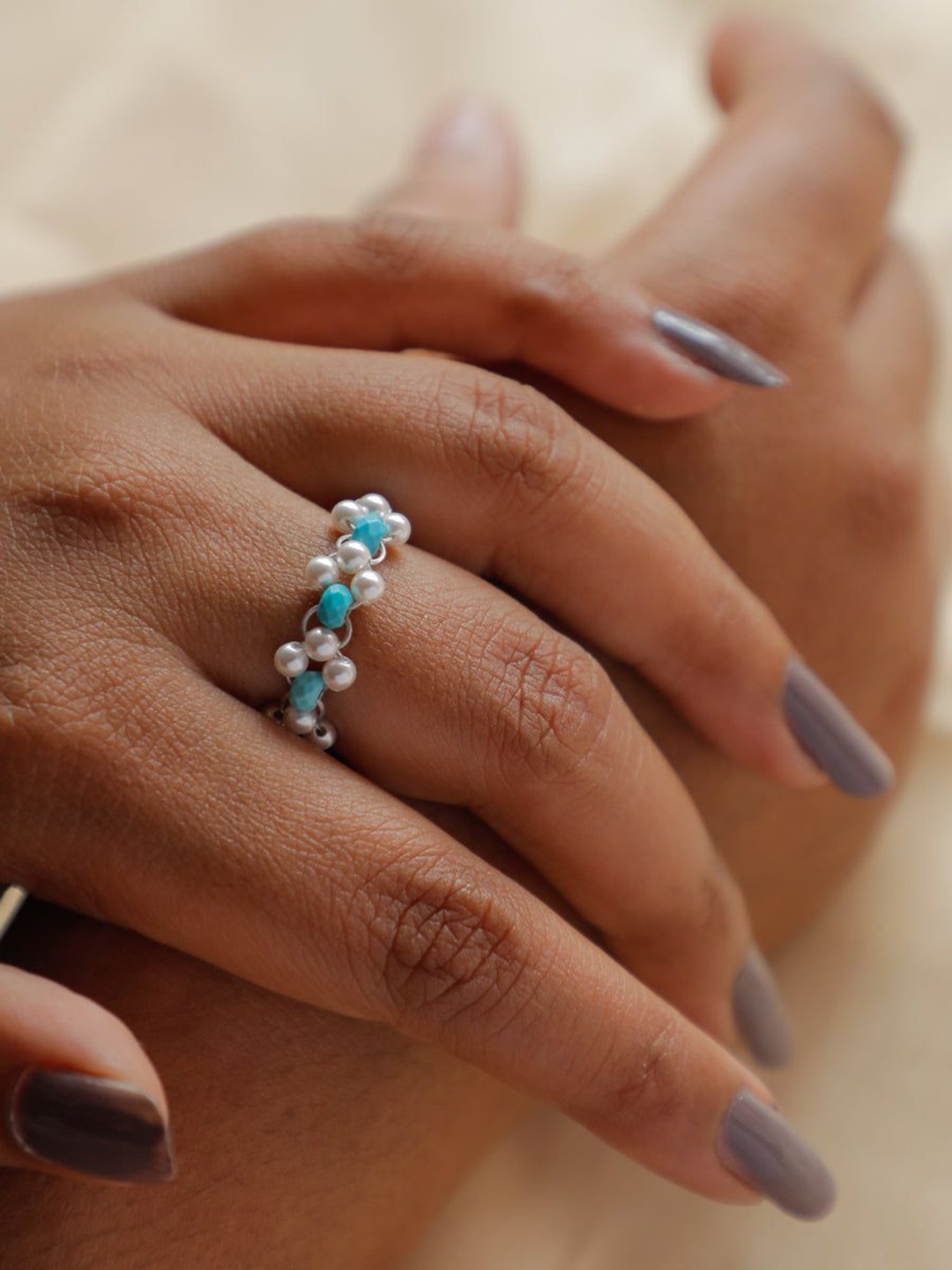 

House of Aadyaa Turquoise & Pearl Beaded Finger Ring, Silver
