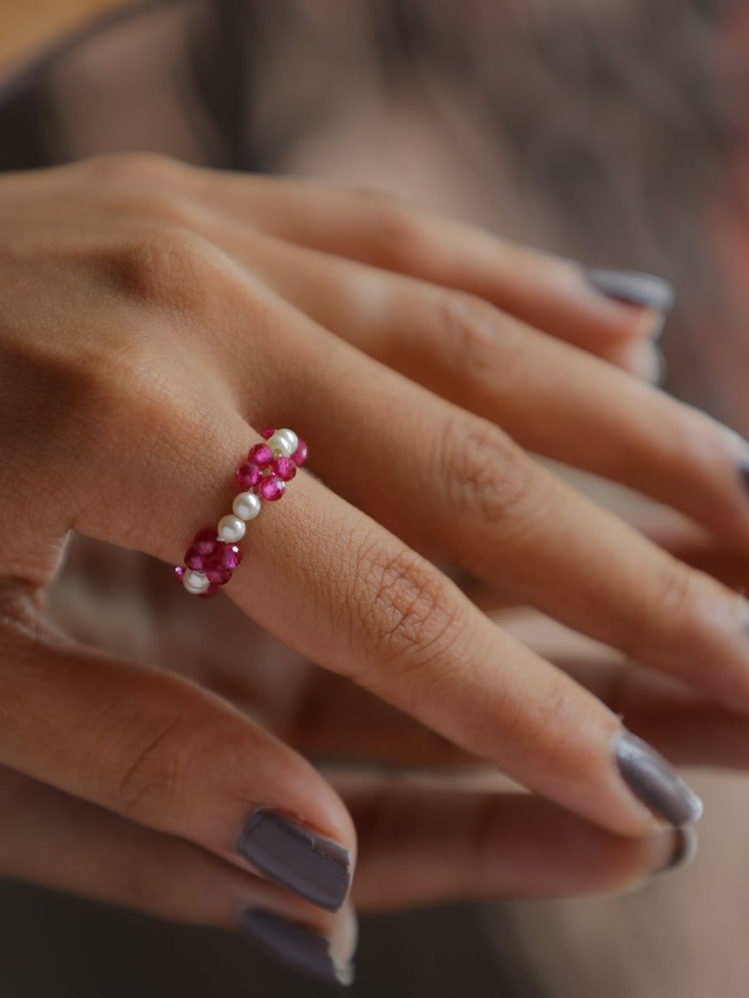 

House of Aadyaa Ruby & Pearl Beaded Ring, Silver