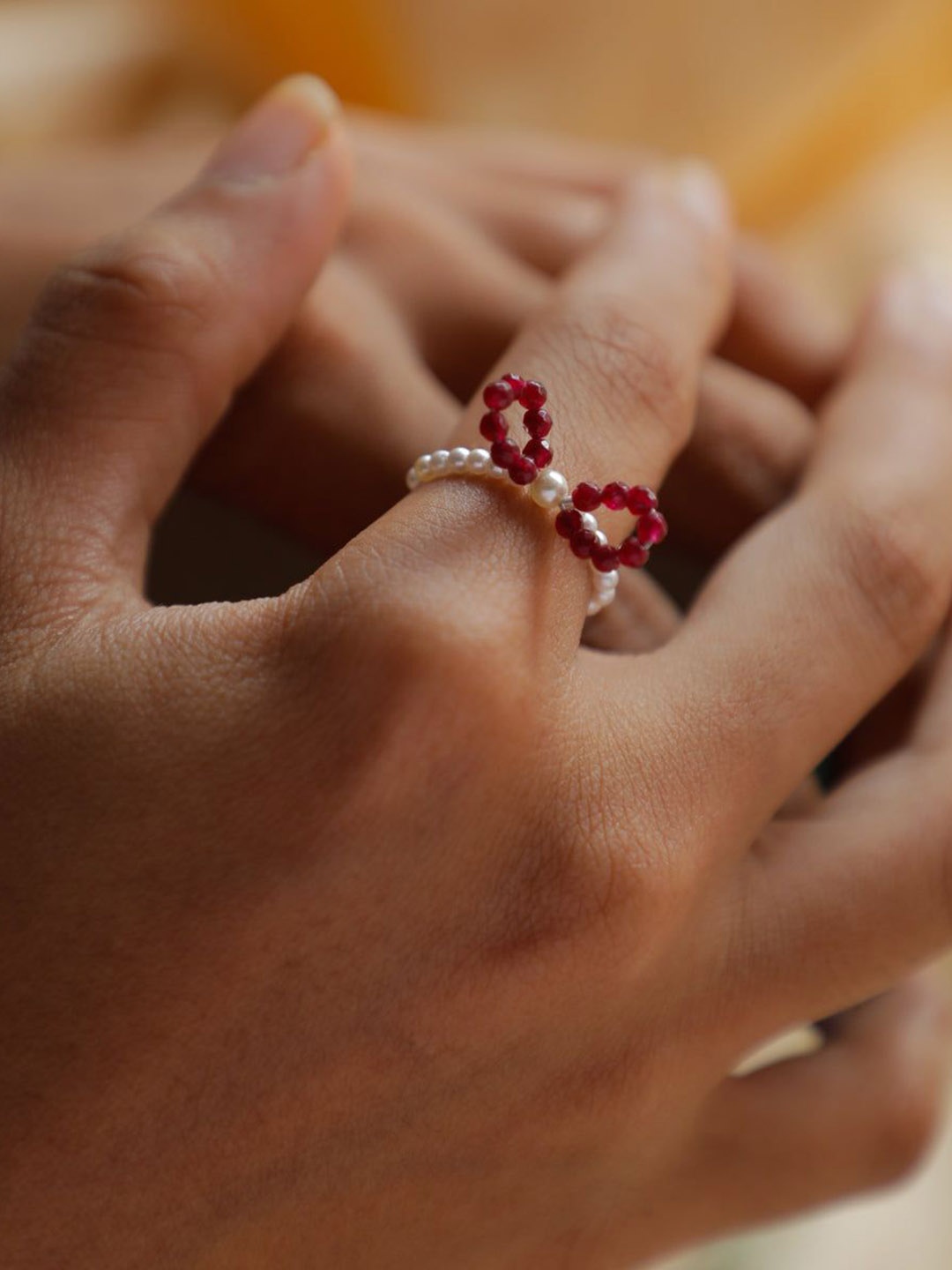 

House of Aadyaa Bow Ring Garnet & Pearls Finger Ring, Silver
