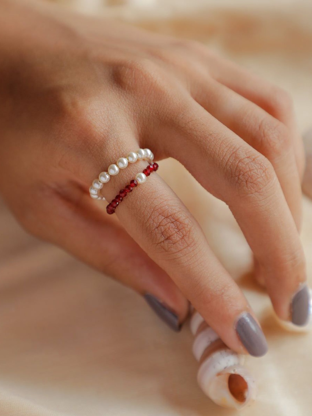 

House of Aadyaa 92.5 Sterling Silver Double Layer Garnet and Pearls Beaded Finger RIng