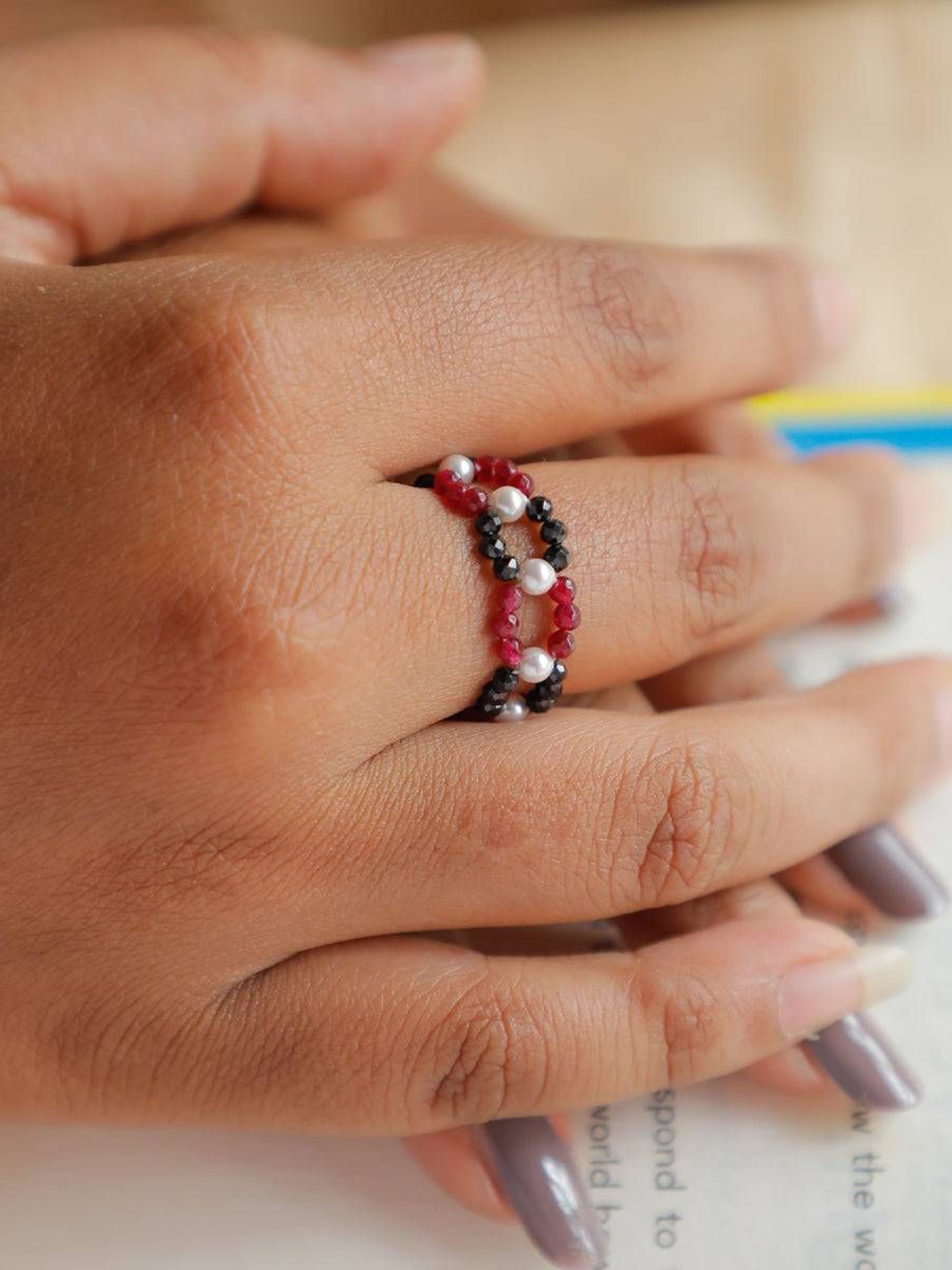 

House of Aadyaa Silver Pearl Finger Ring With Ruby & Black Spinel