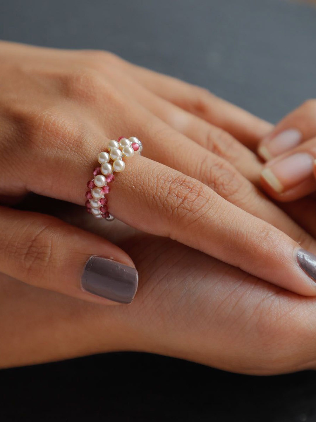

House of Aadyaa Ruby & Pearl Beaded Finger Ring, Silver