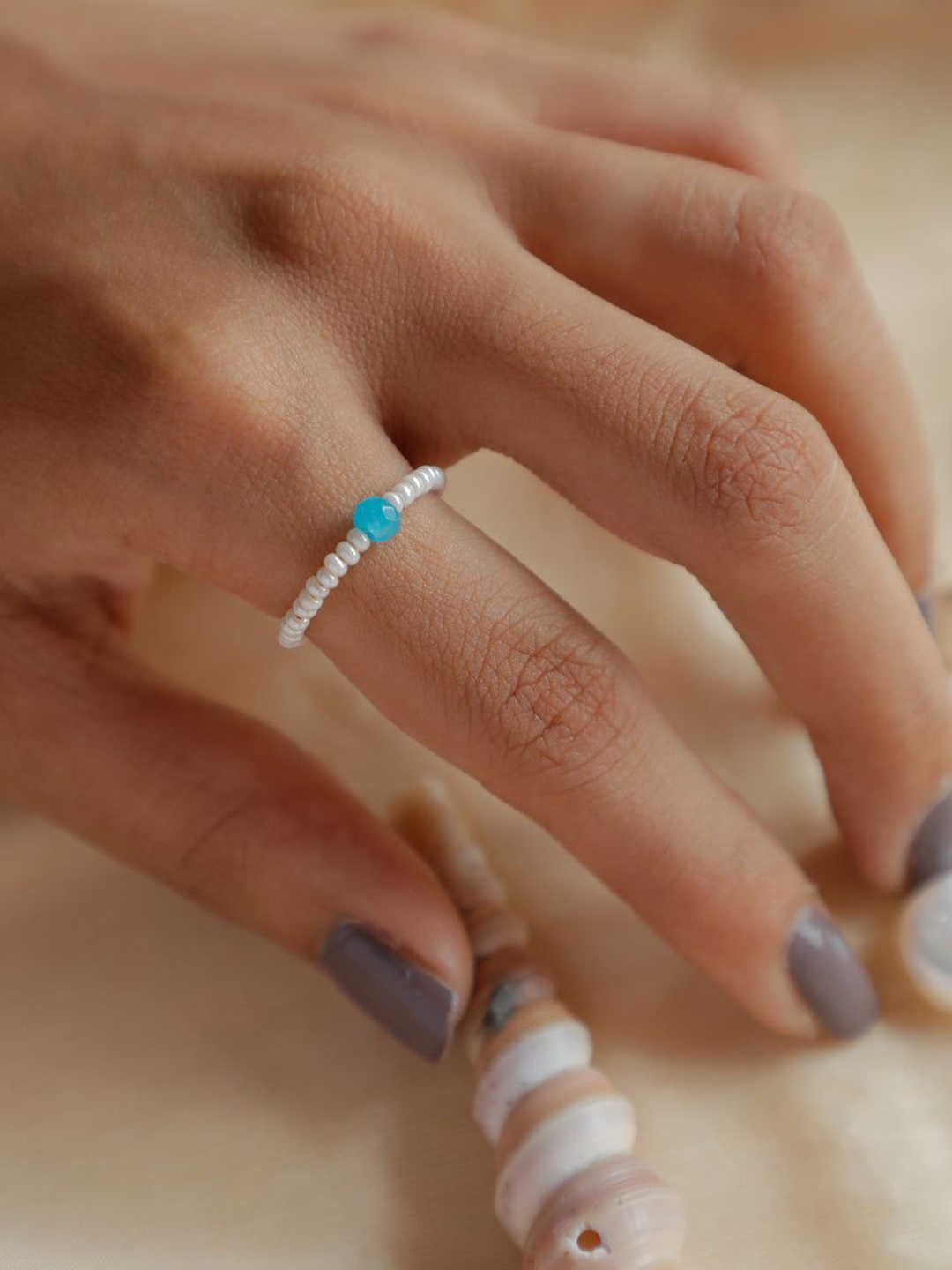 

House of Aadyaa Turquoise & Pearl Beaded Ring, Silver
