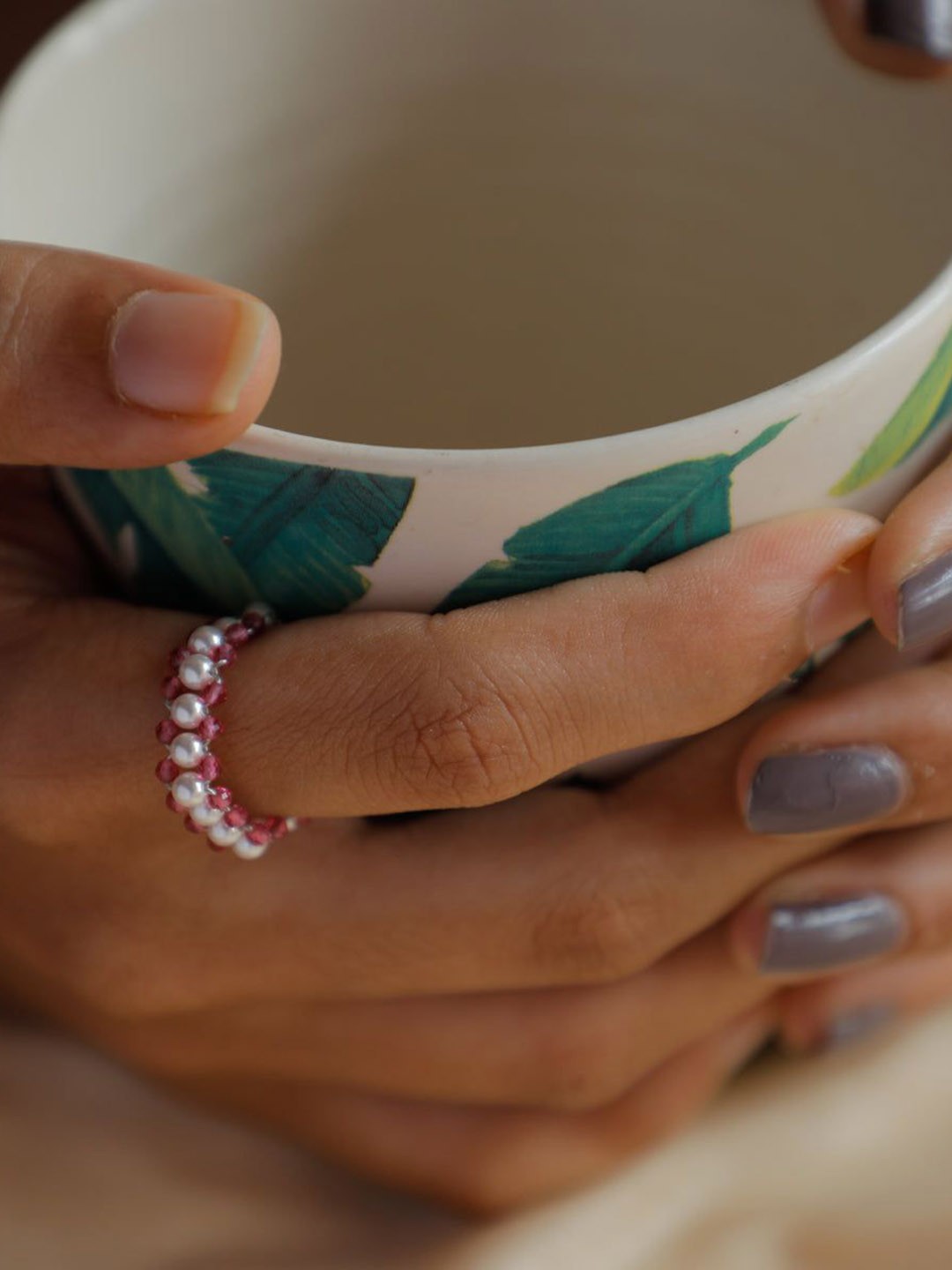 

House of Aadyaa Rose Quartz & Pearls Adjustable Finger Ring, Silver