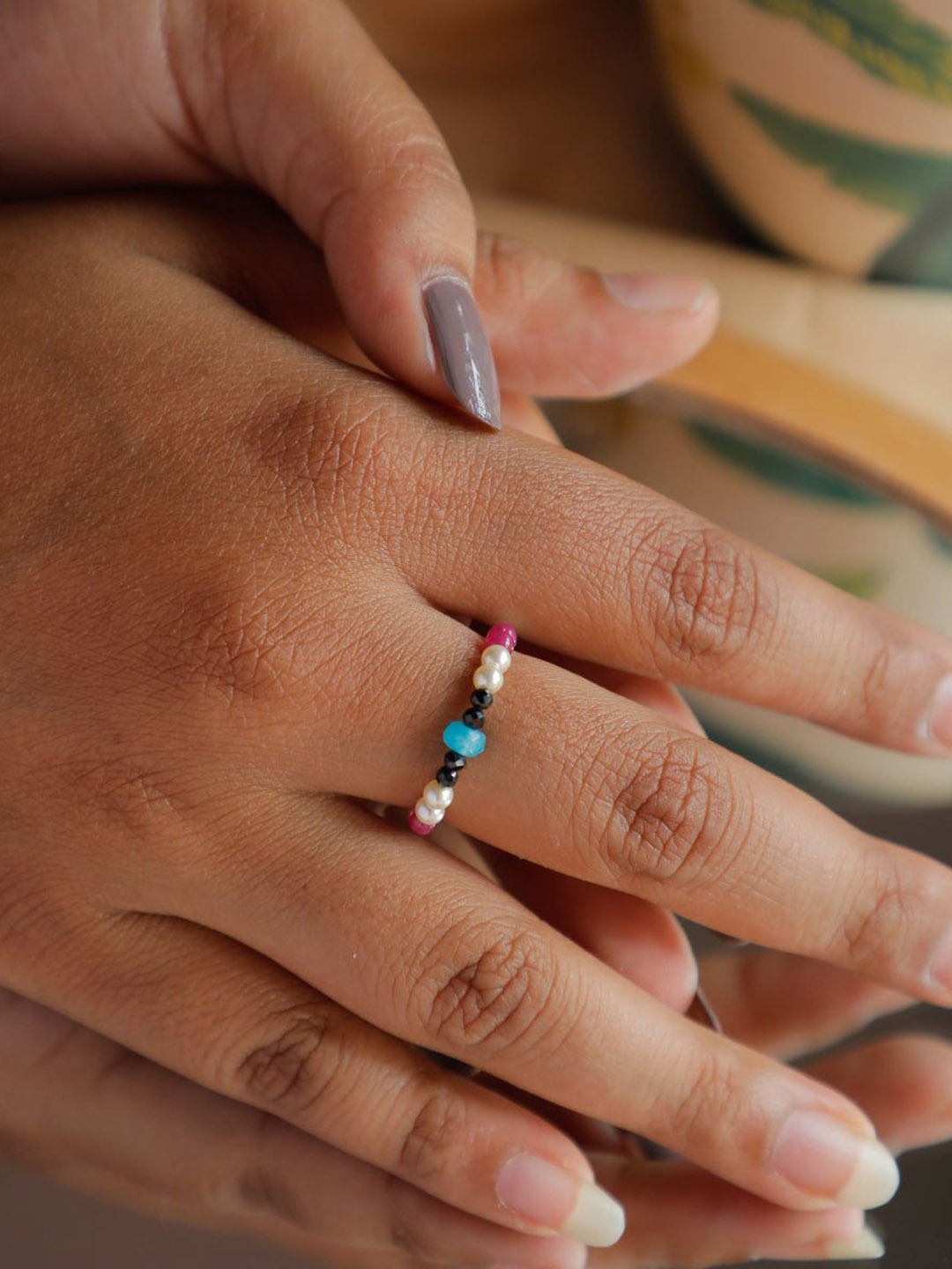 

House of Aadyaa Multicolor Stones & Pearl Beaded Finger Ring, Silver
