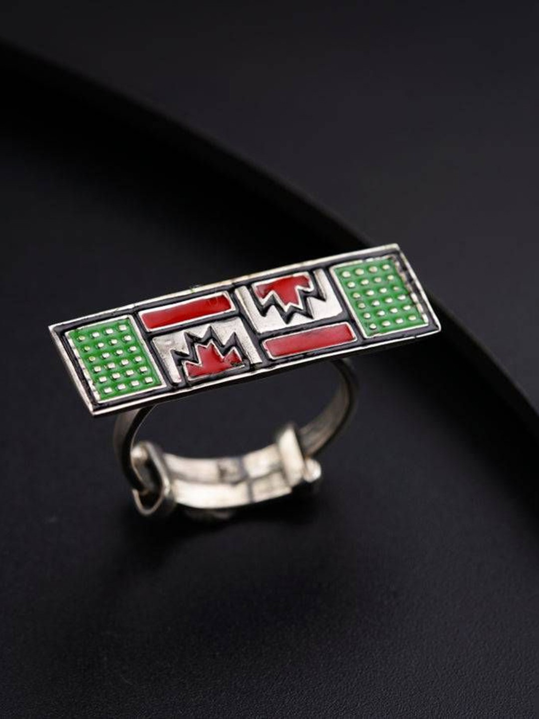 

House of Aadyaa Silver Enamel Ring - Red Green