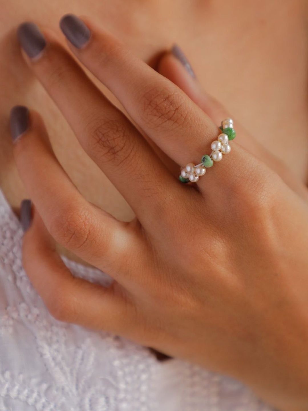 

House of Aadyaa Unakite & Pearls Beaded Ring, Silver