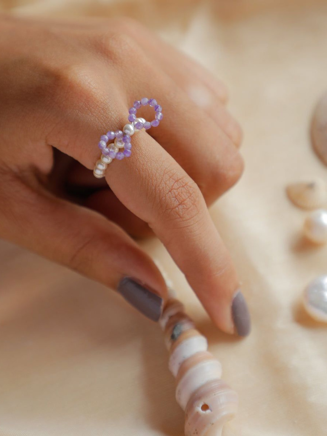 

House of Aadyaa Amethyst Bow Finger Ring, Silver