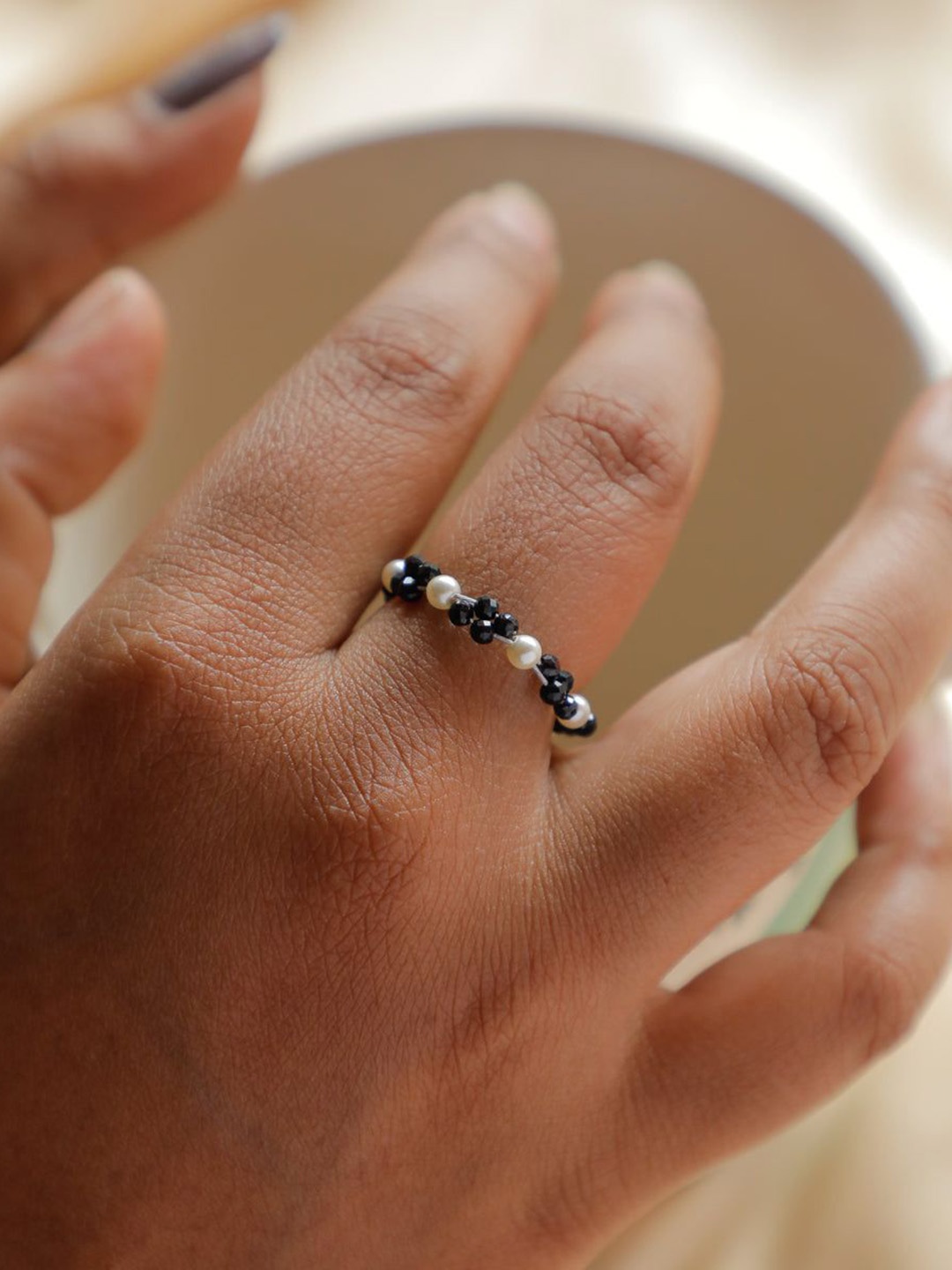 

House of Aadyaa Silver Pearl Finger Ring With Black Spinel