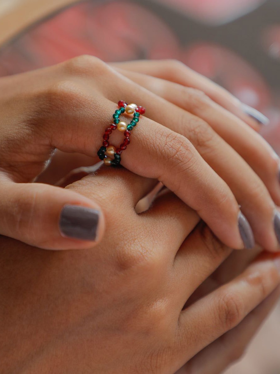 

House of Aadyaa Silver Golden Pearl Finger Ring With Garnet & Green Onyx Stones