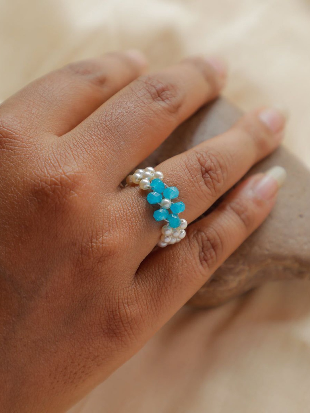 

House of Aadyaa Jade And Pearl Beaded Ring, Silver