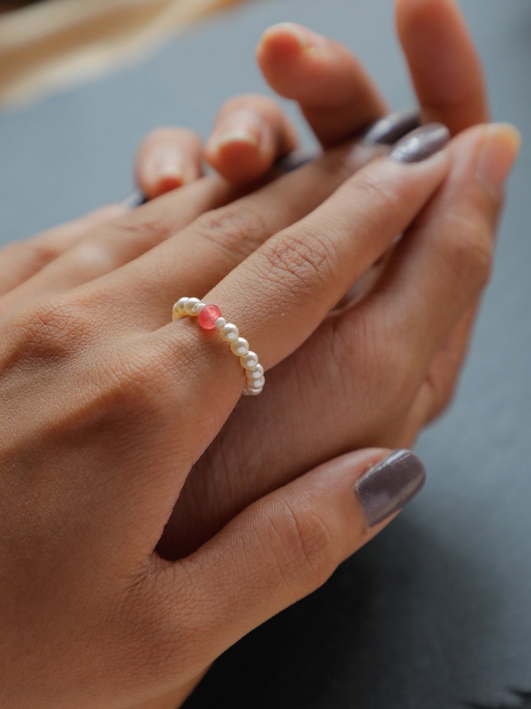 

House of Aadyaa Silver Pearls Finger Ring With Rose Quartz Stone