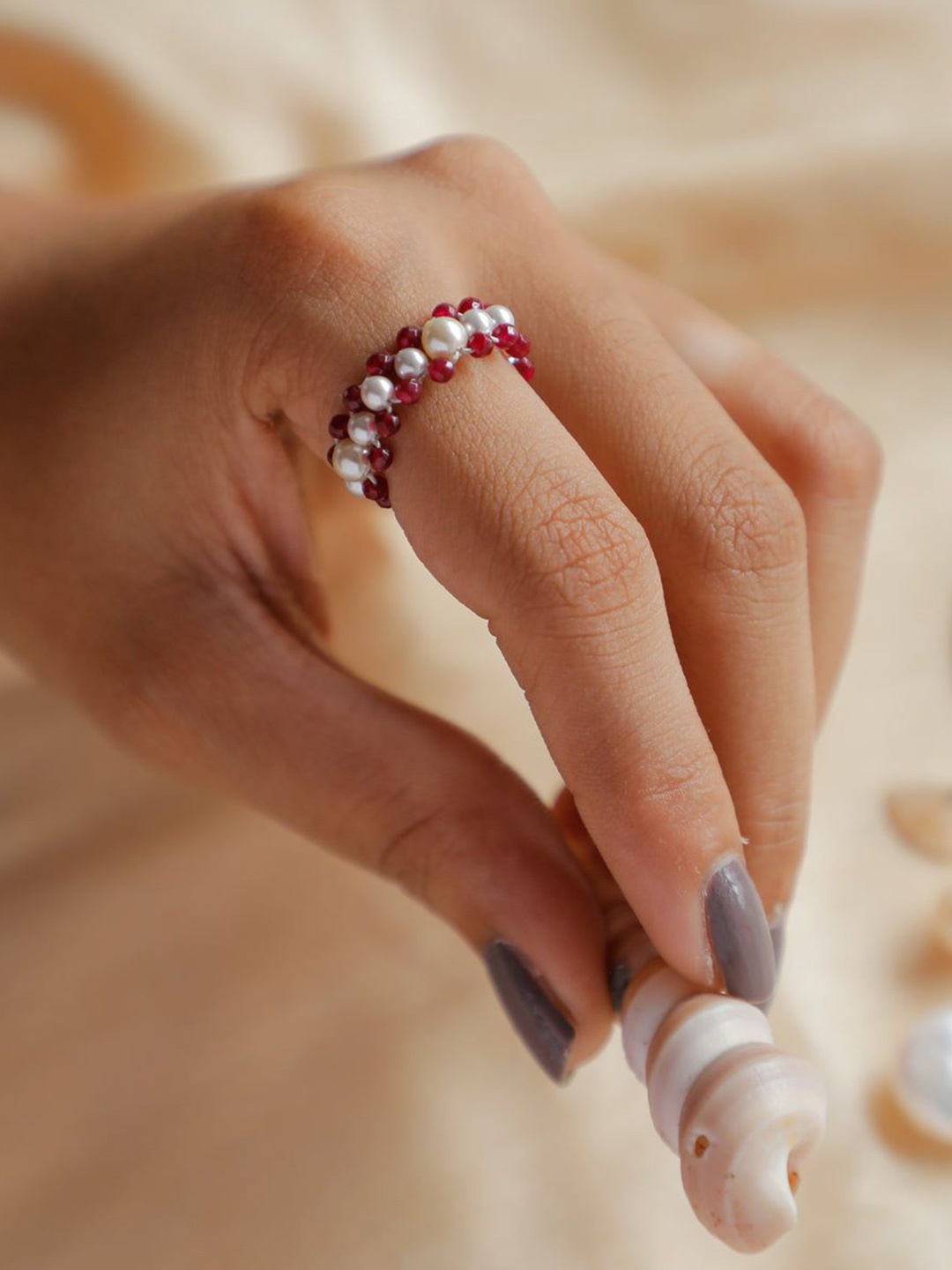 

House of Aadyaa Silver Pearls Finger Ring With Ruby Stone