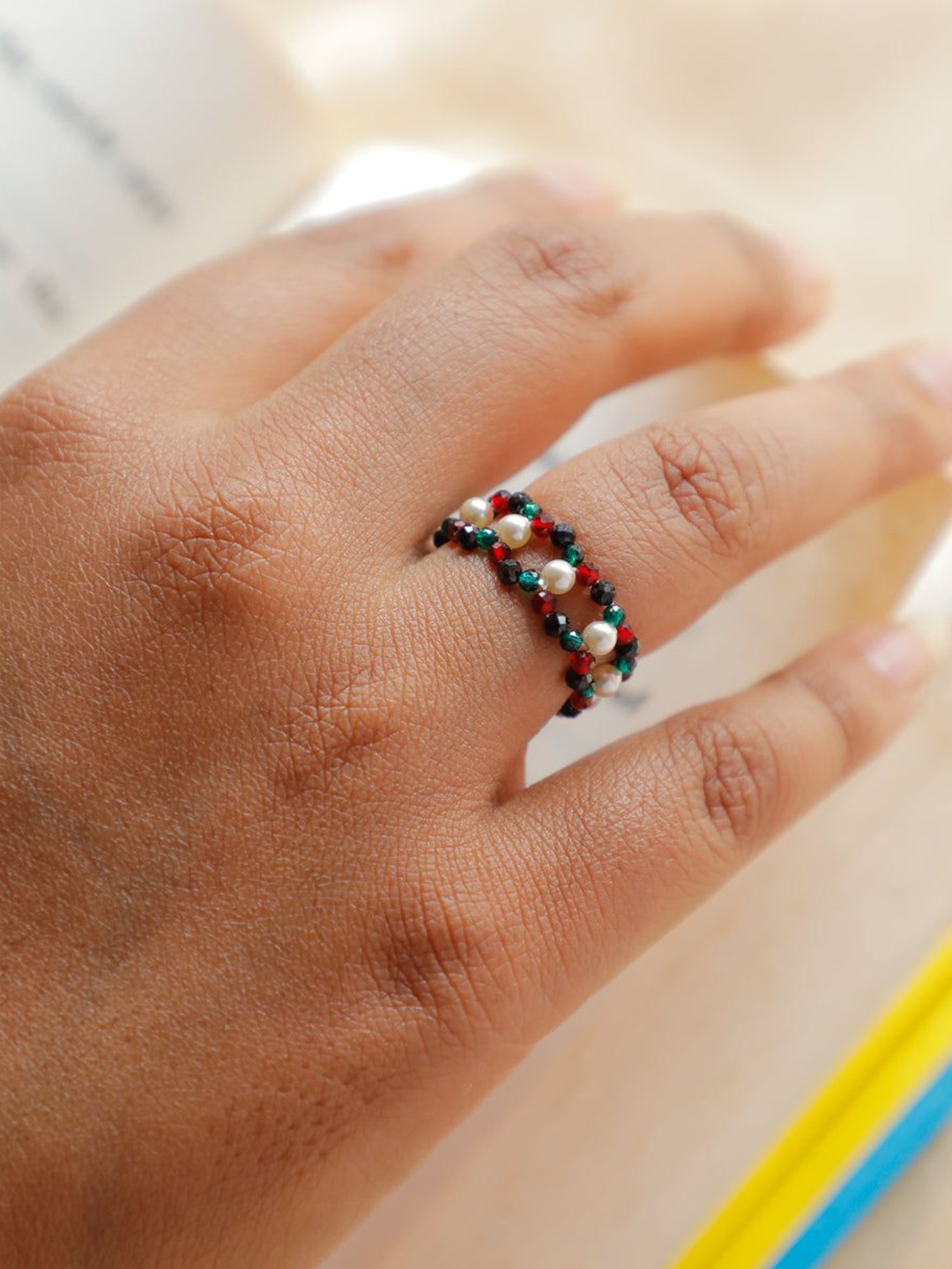 

House of Aadyaa Silver Multicolor Pearls Ring