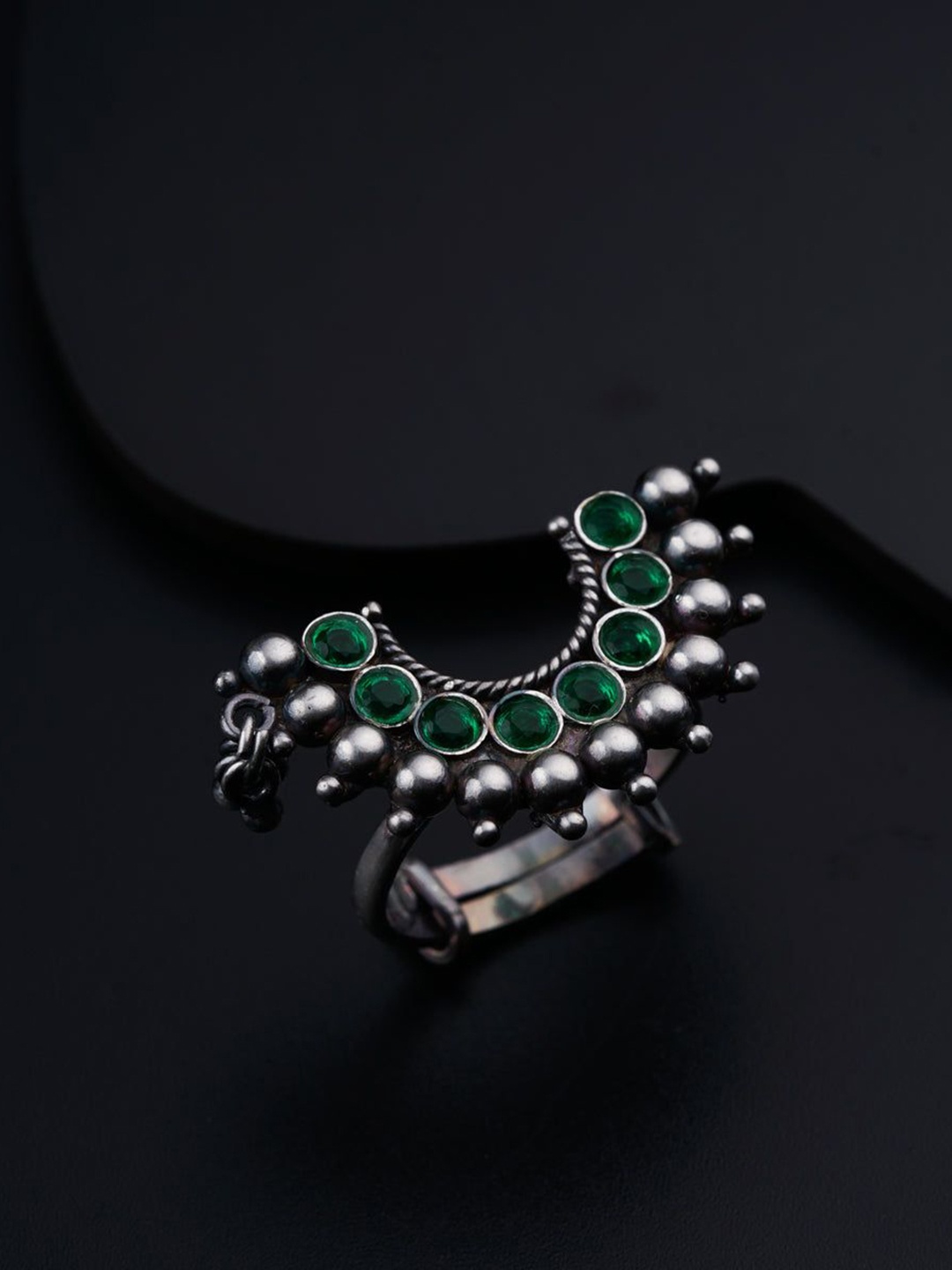 

House of Aadyaa Sterling Silver Semi-Precious Stone Studded Karwar Finger Ring