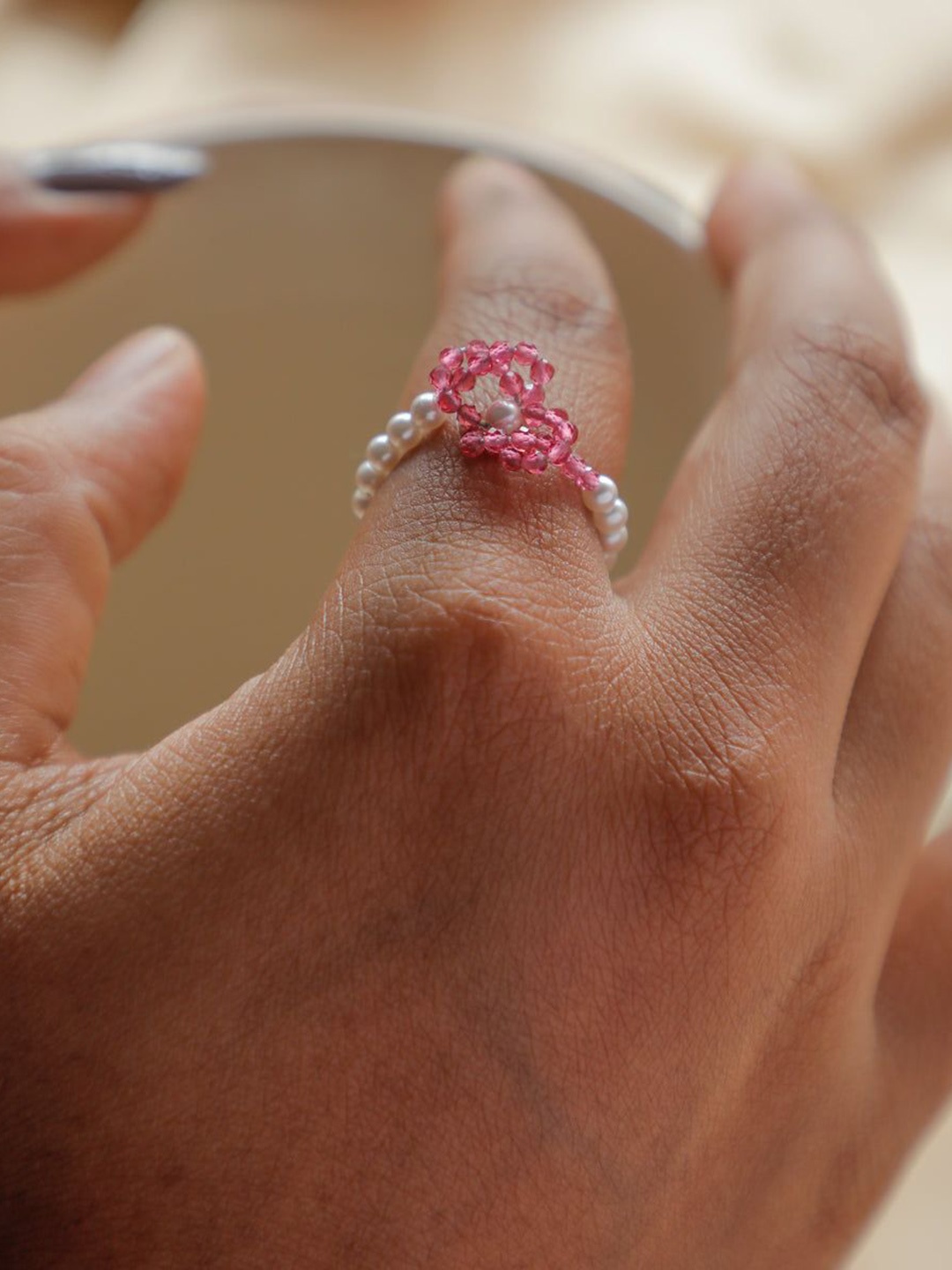 

House of Aadyaa Silver Pearl Ring With Ruby Stones