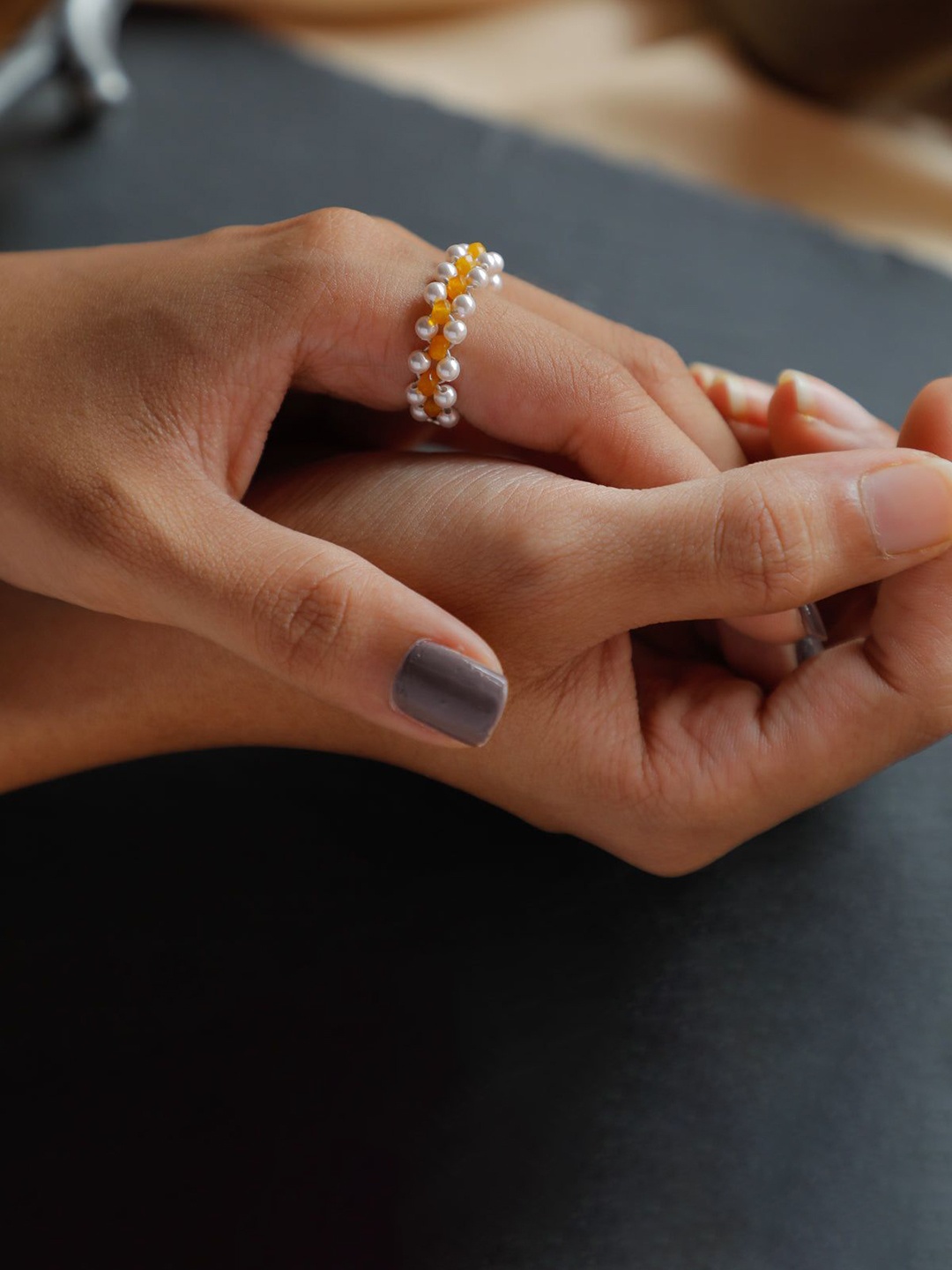 

House of Aadyaa Agate and Pearls Ring, Silver