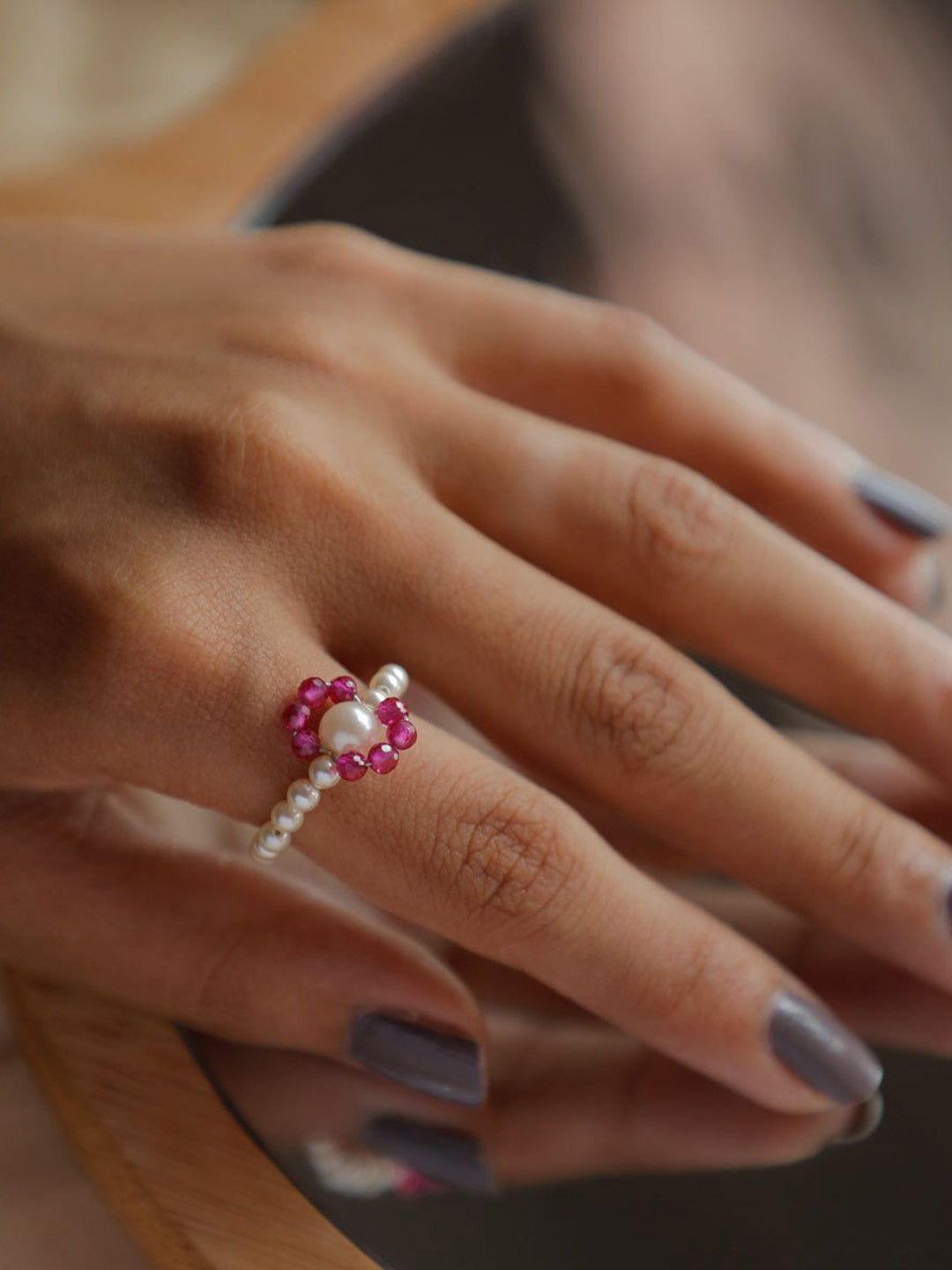 

House of Aadyaa Ruby And Pearl Beaded Ring, Silver