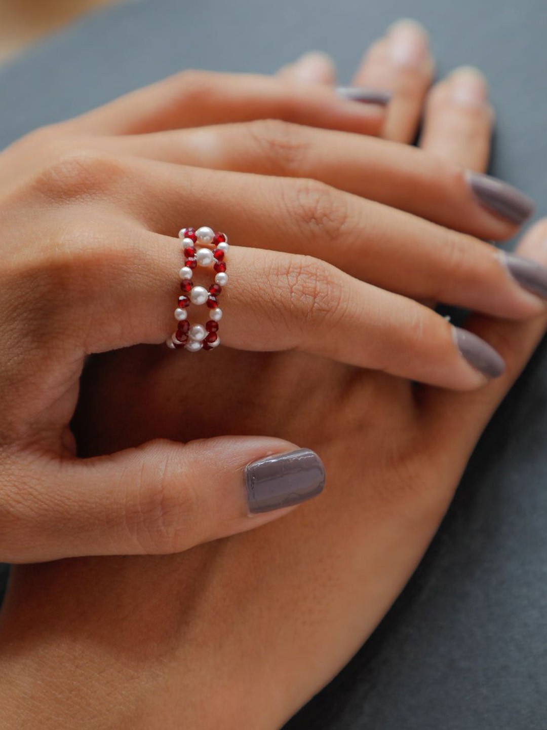 

House of Aadyaa Silver Pearl Finger Ring With Garnet Stones