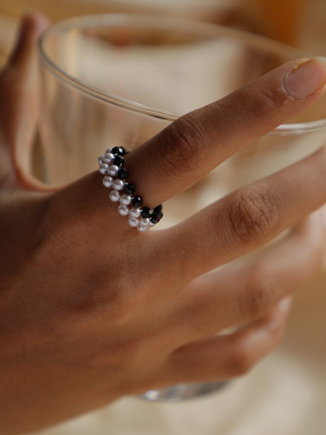 

House of Aadyaa Silver Pearl Finger Ring With Black Spinel