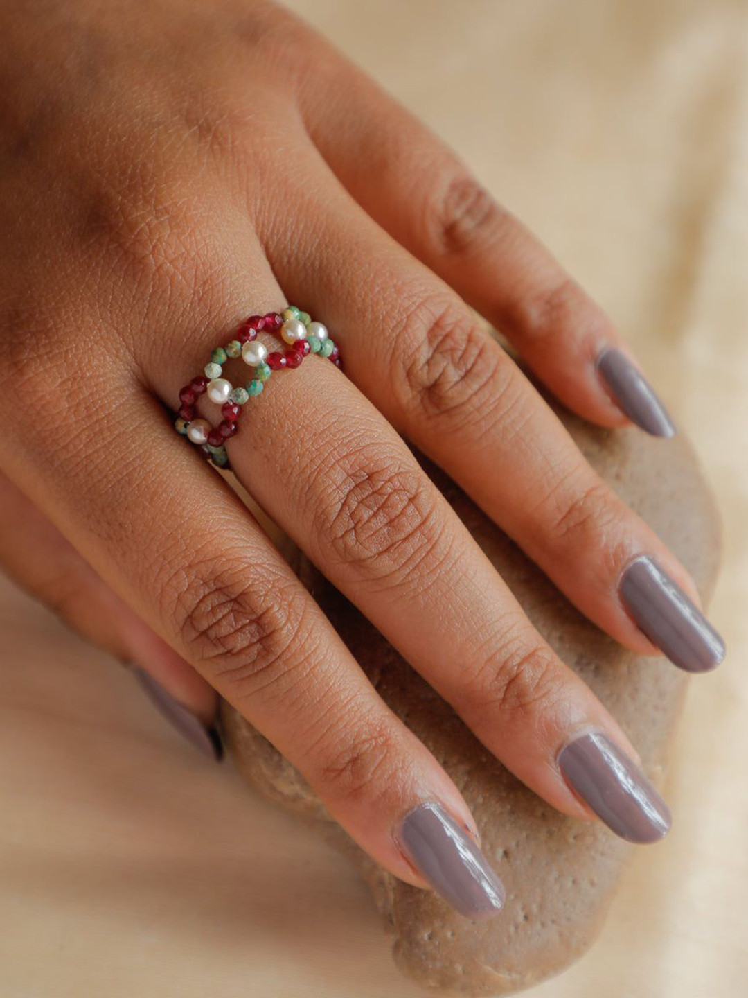 

House of Aadyaa Garnet Beaded Finger Ring With Peridot & Pearls, Silver