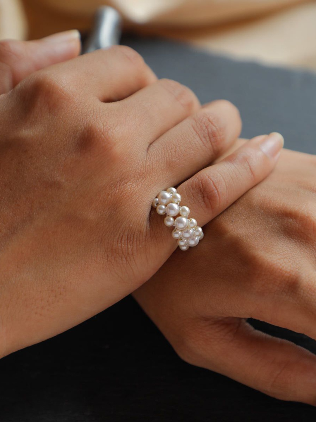 

House of Aadyaa Pearls Beaded Finger Ring, Silver