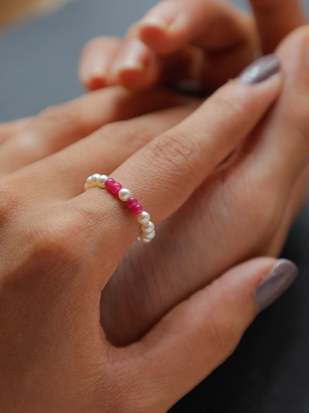 

House of Aadyaa Silver Pearl Finger Ring With Ruby Stones